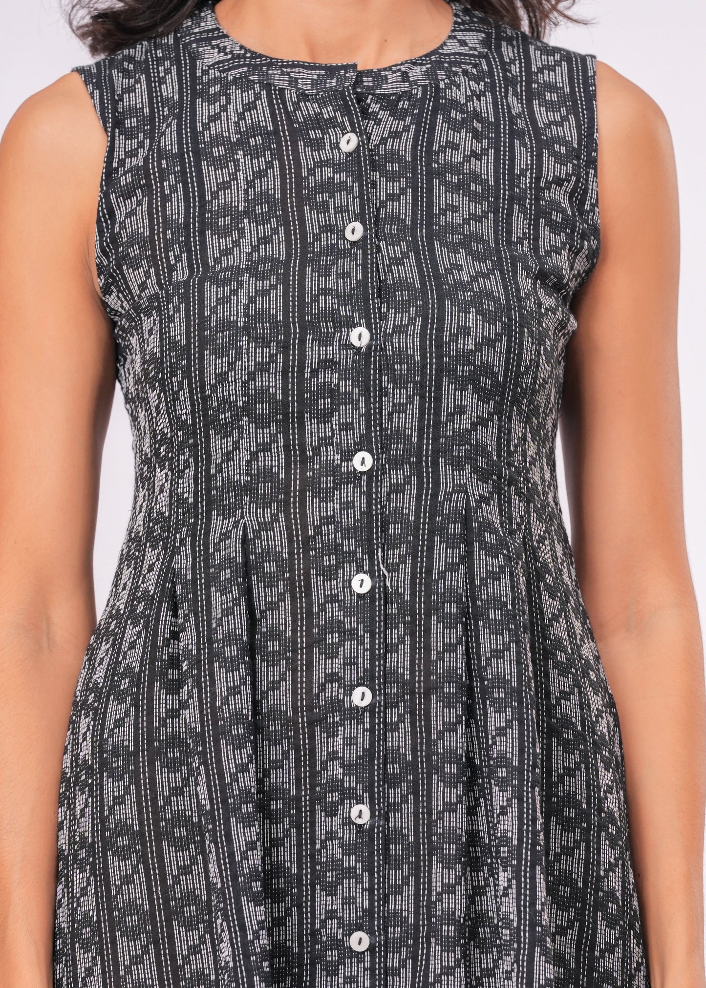 Handcrafted Kantha Work Black Cotton Midi Dress | Sleeveless A-Line Fit with Back Tie Belt & Button Front