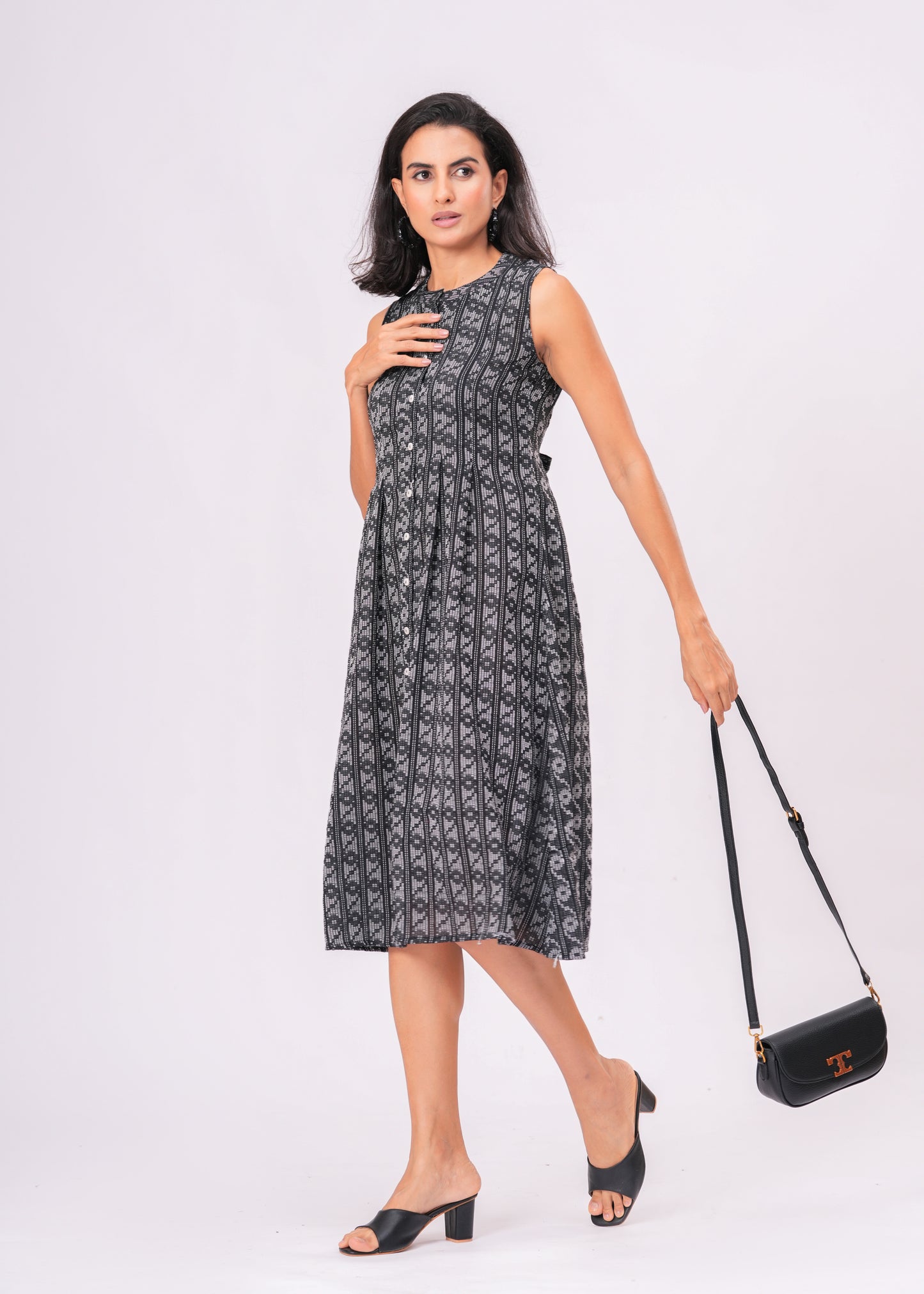 Handcrafted Kantha Work Black Cotton Midi Dress | Sleeveless A-Line Fit with Back Tie Belt & Button Front