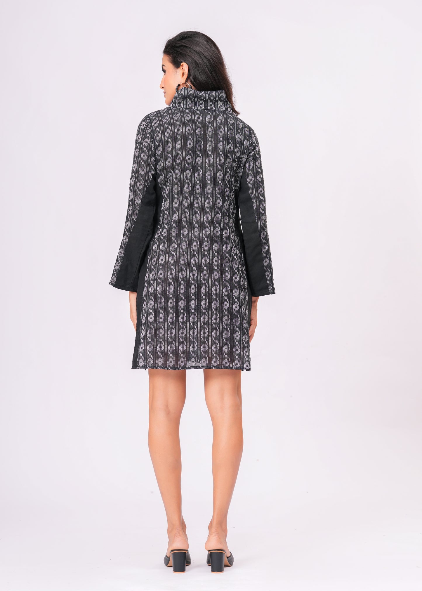 Artisanal Black & White Kantha Work Tunic Dress | Hand-Embroidered High Neck Cotton Short Dress