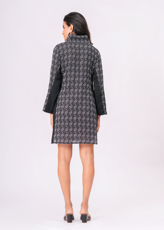 Artisanal Black & White Kantha Work Tunic Dress | Hand-Embroidered High Neck Cotton Short Dress