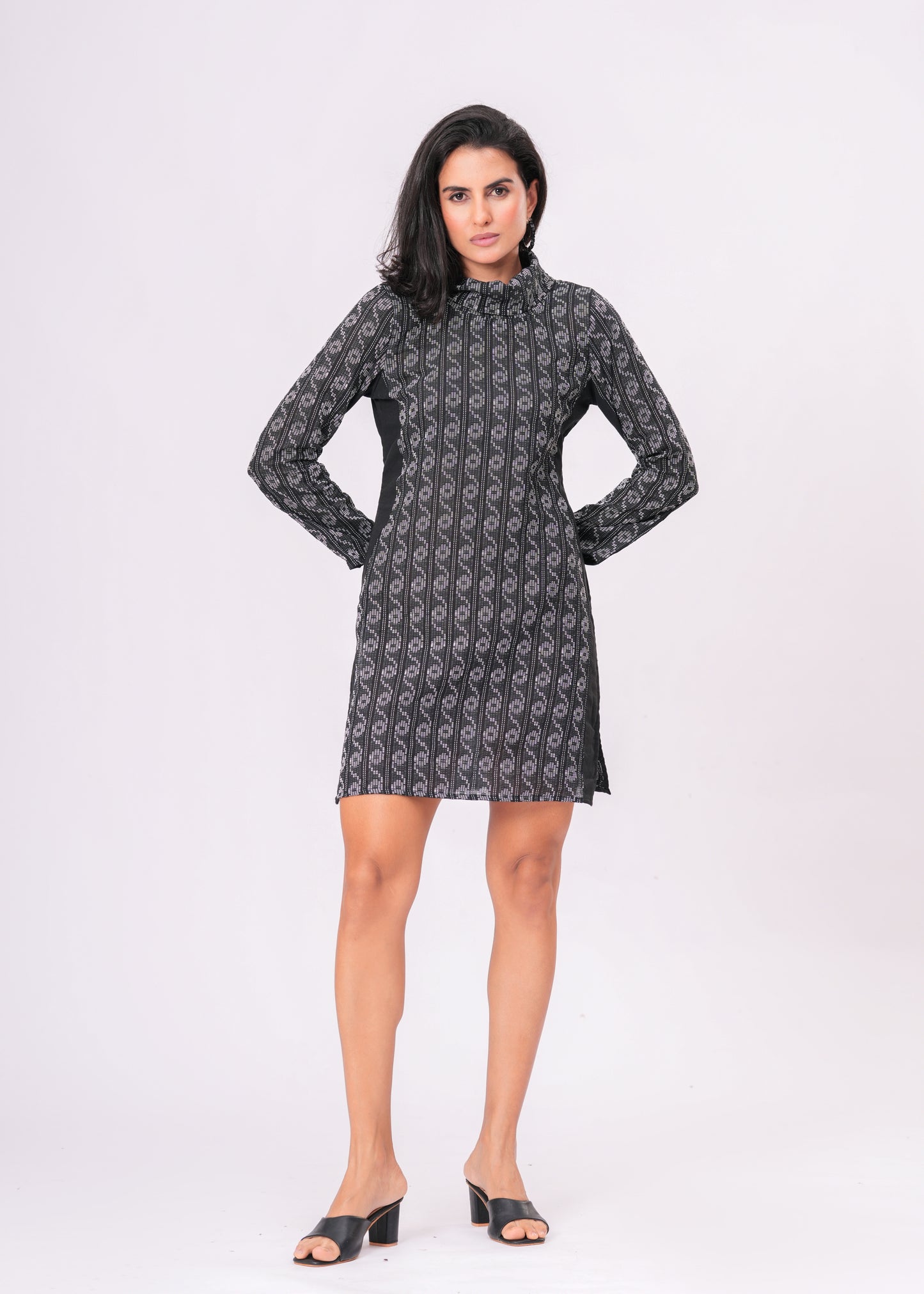 Artisanal Black & White Kantha Work Tunic Dress | Hand-Embroidered High Neck Cotton Short Dress