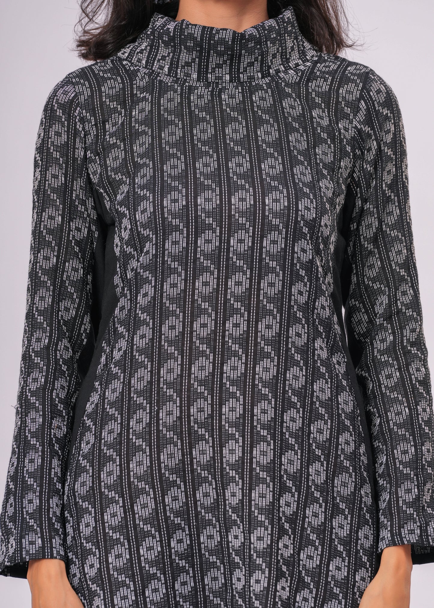 Artisanal Black & White Kantha Work Tunic Dress | Hand-Embroidered High Neck Cotton Short Dress