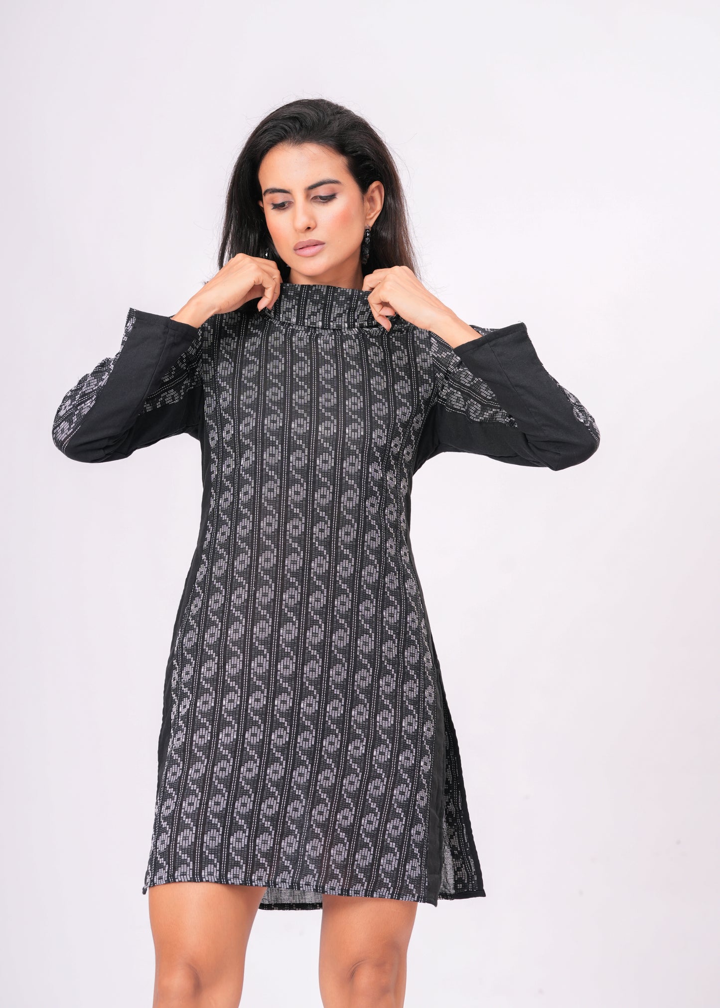 Artisanal Black & White Kantha Work Tunic Dress | Hand-Embroidered High Neck Cotton Short Dress