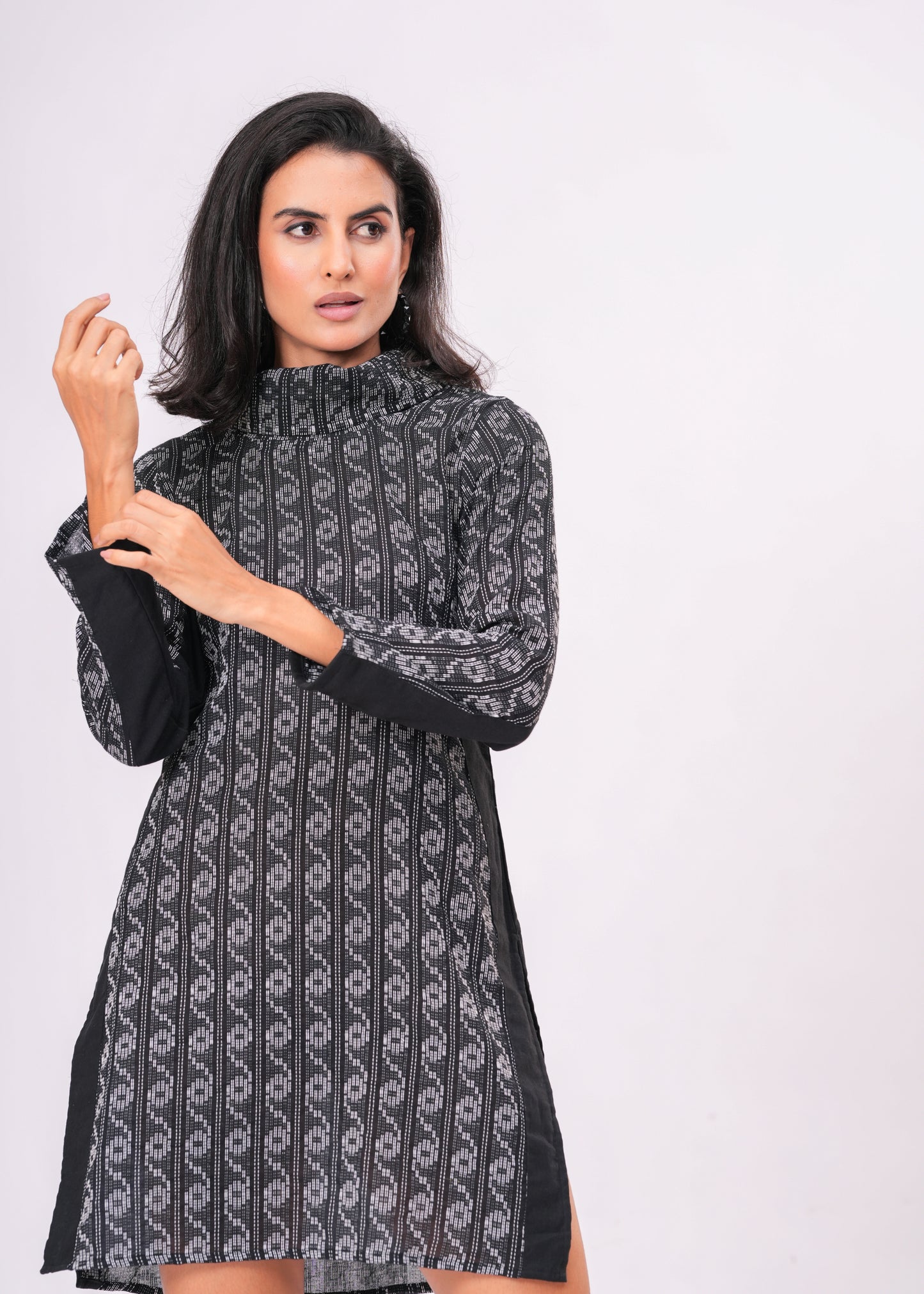 Artisanal Black & White Kantha Work Tunic Dress | Hand-Embroidered High Neck Cotton Short Dress