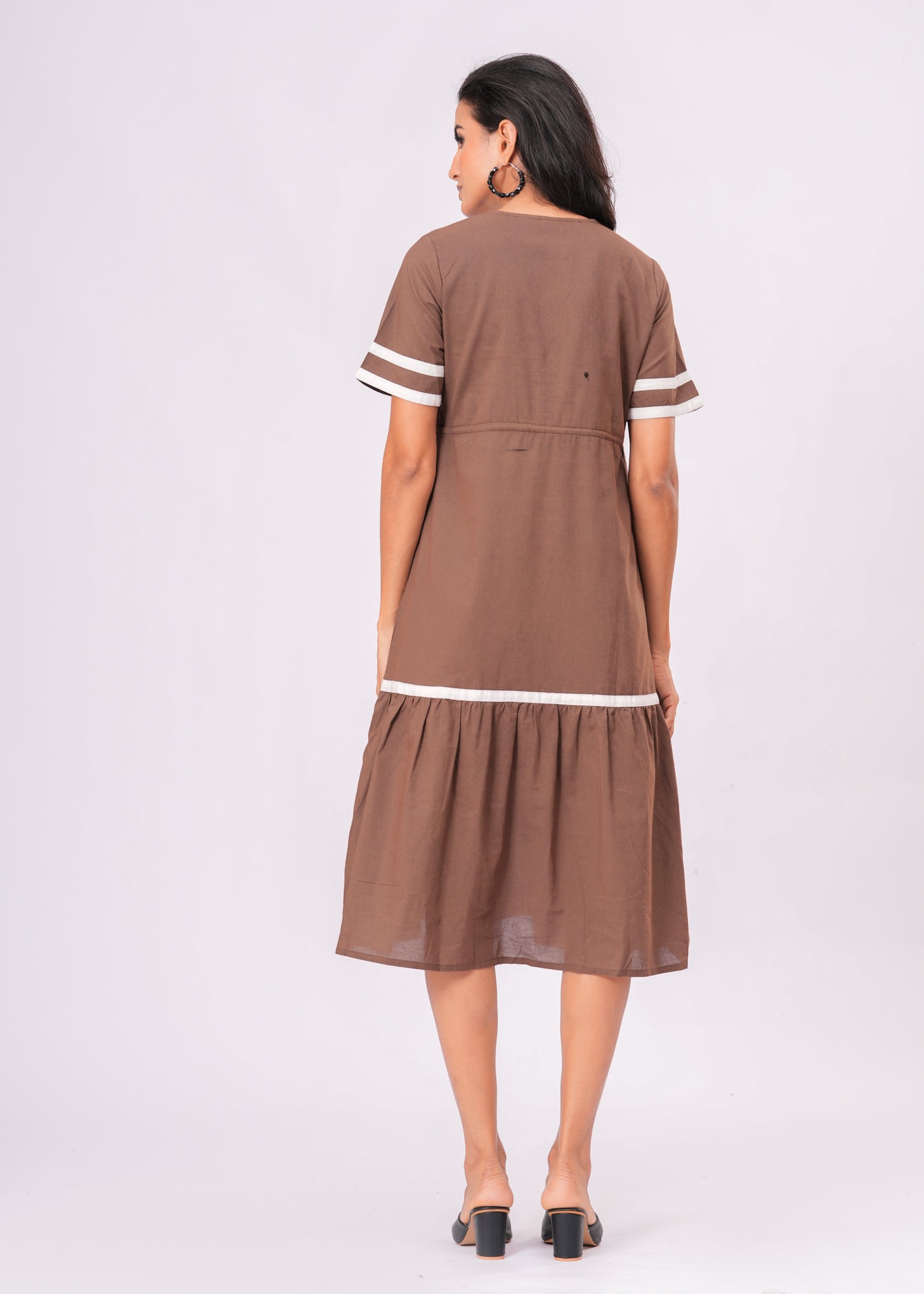 Cotton Empire Waist Midi Dress with Contrast Trim & Tassel Tie