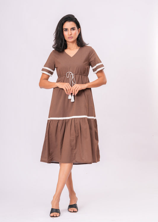 Cotton Empire Waist Midi Dress with Contrast Trim & Tassel Tie