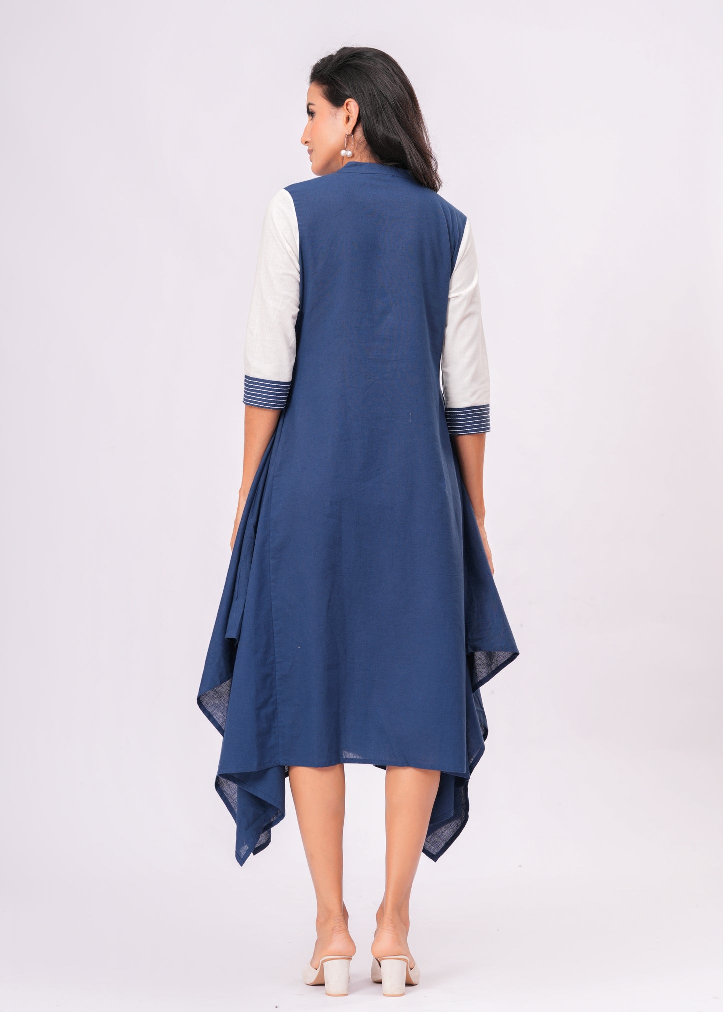 Handkerchief Hem Dress with Kantha Stitch Detail & Contrast Yoke