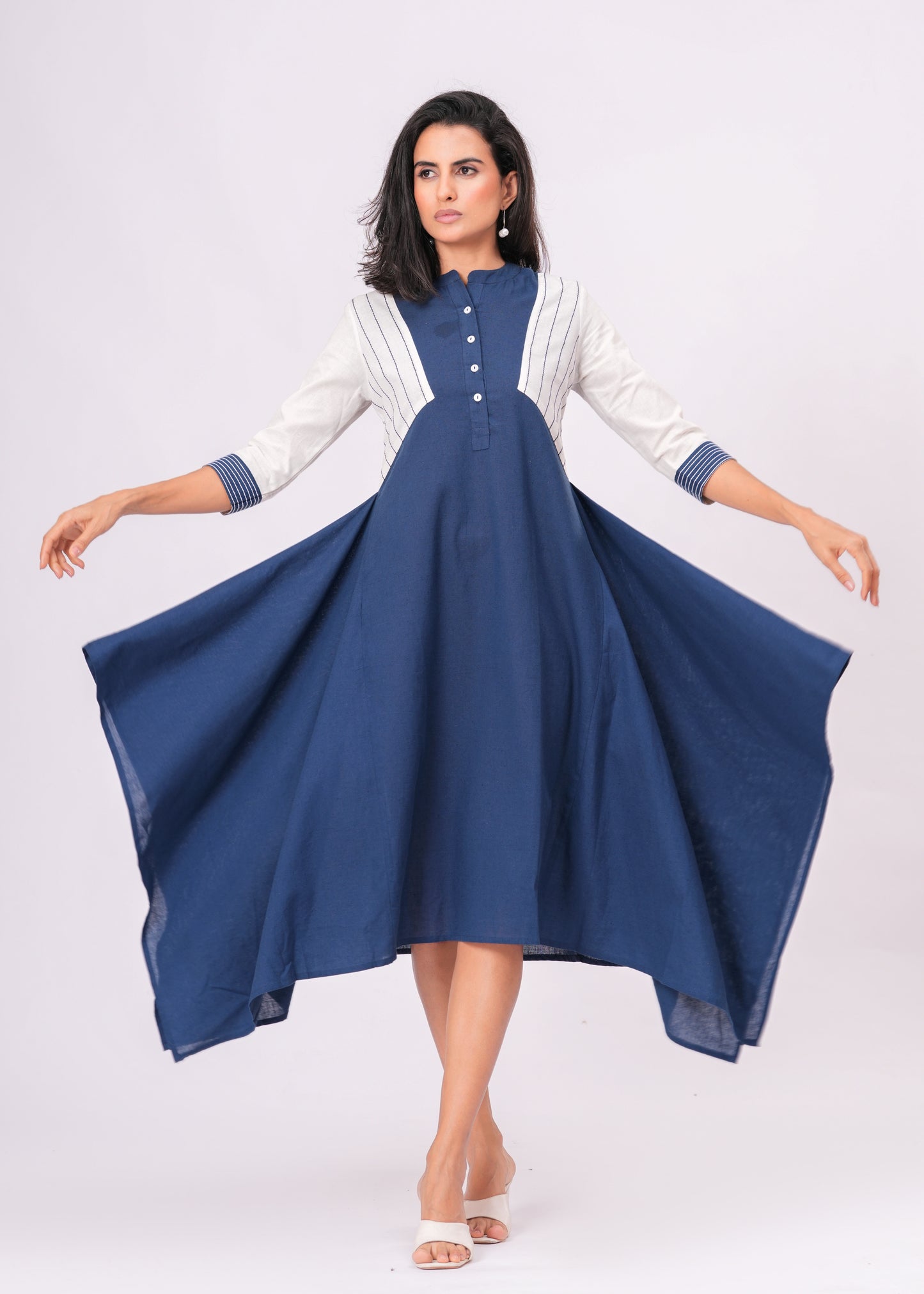 Handkerchief Hem Dress with Kantha Stitch Detail & Contrast Yoke