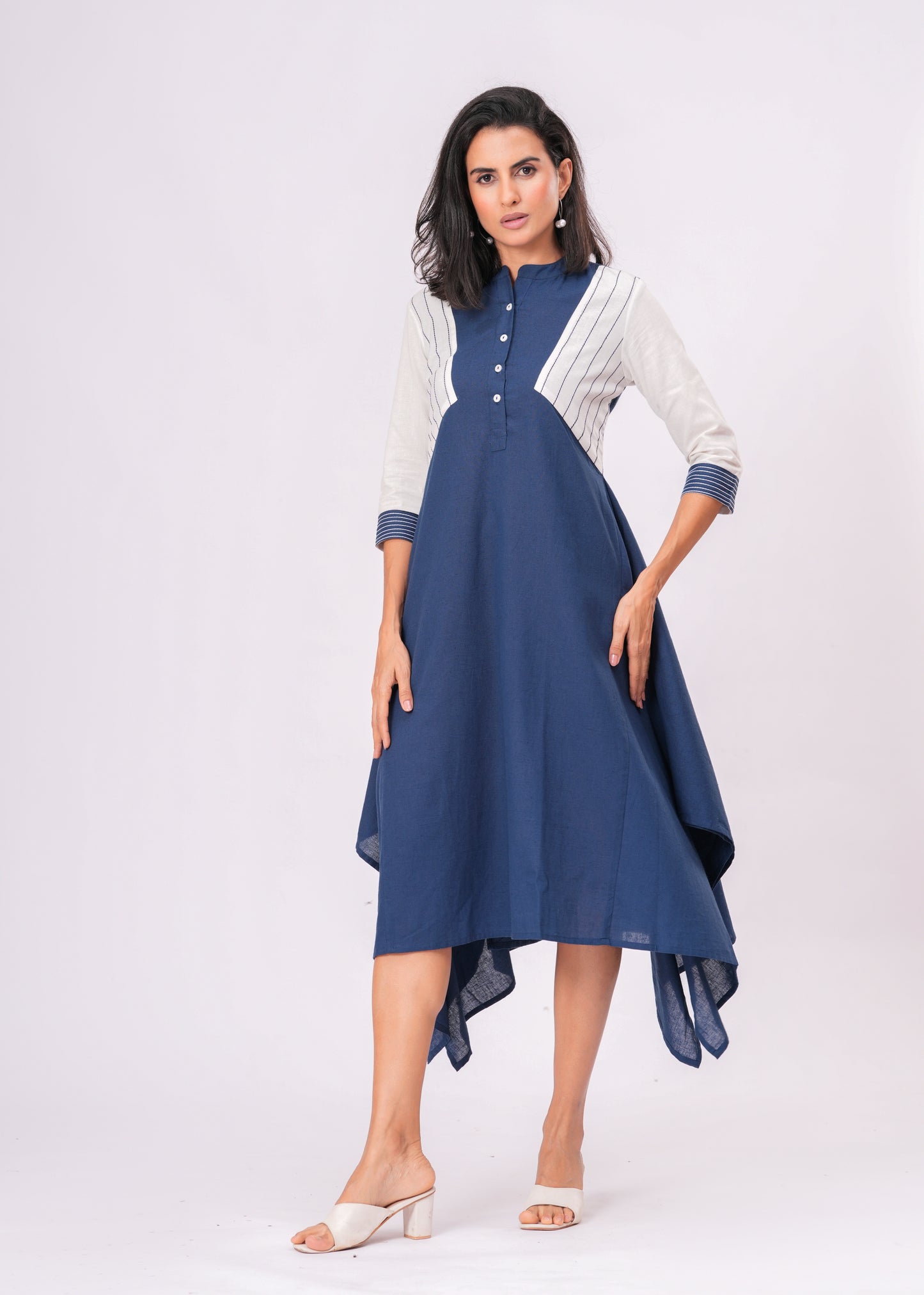 Handkerchief Hem Dress with Kantha Stitch Detail & Contrast Yoke
