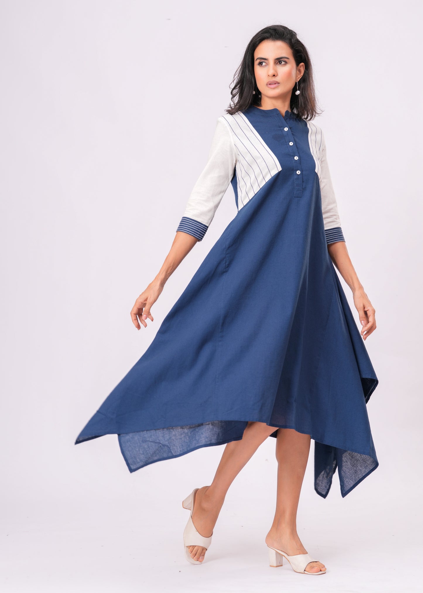 Handkerchief Hem Dress with Kantha Stitch Detail & Contrast Yoke