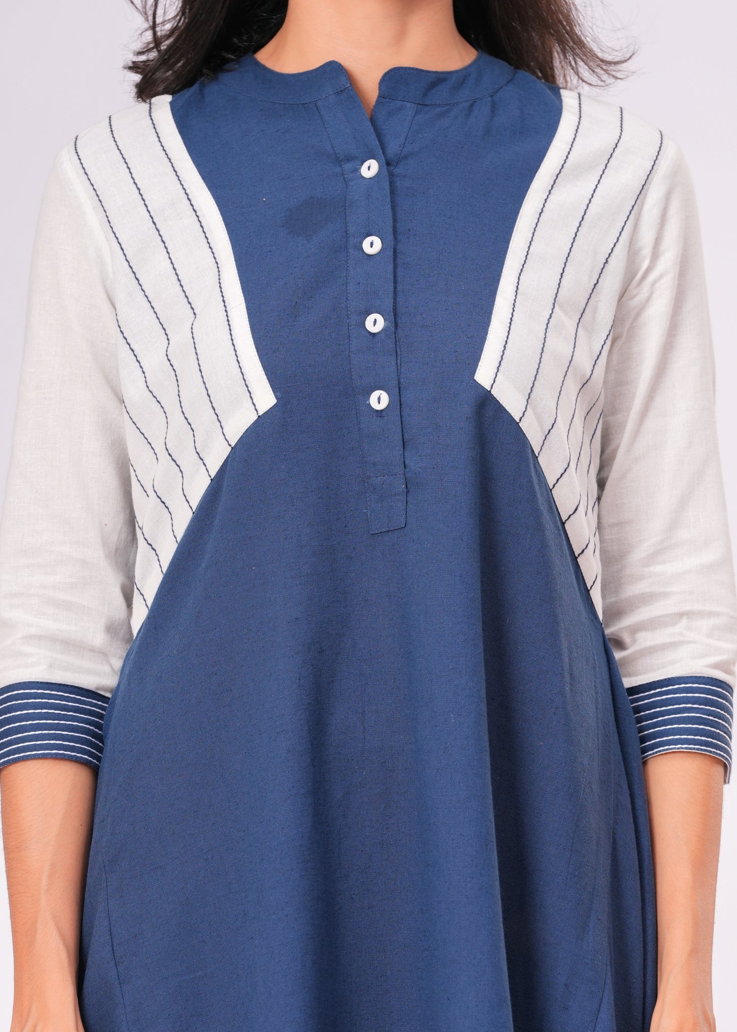 Handkerchief Hem Dress with Kantha Stitch Detail & Contrast Yoke