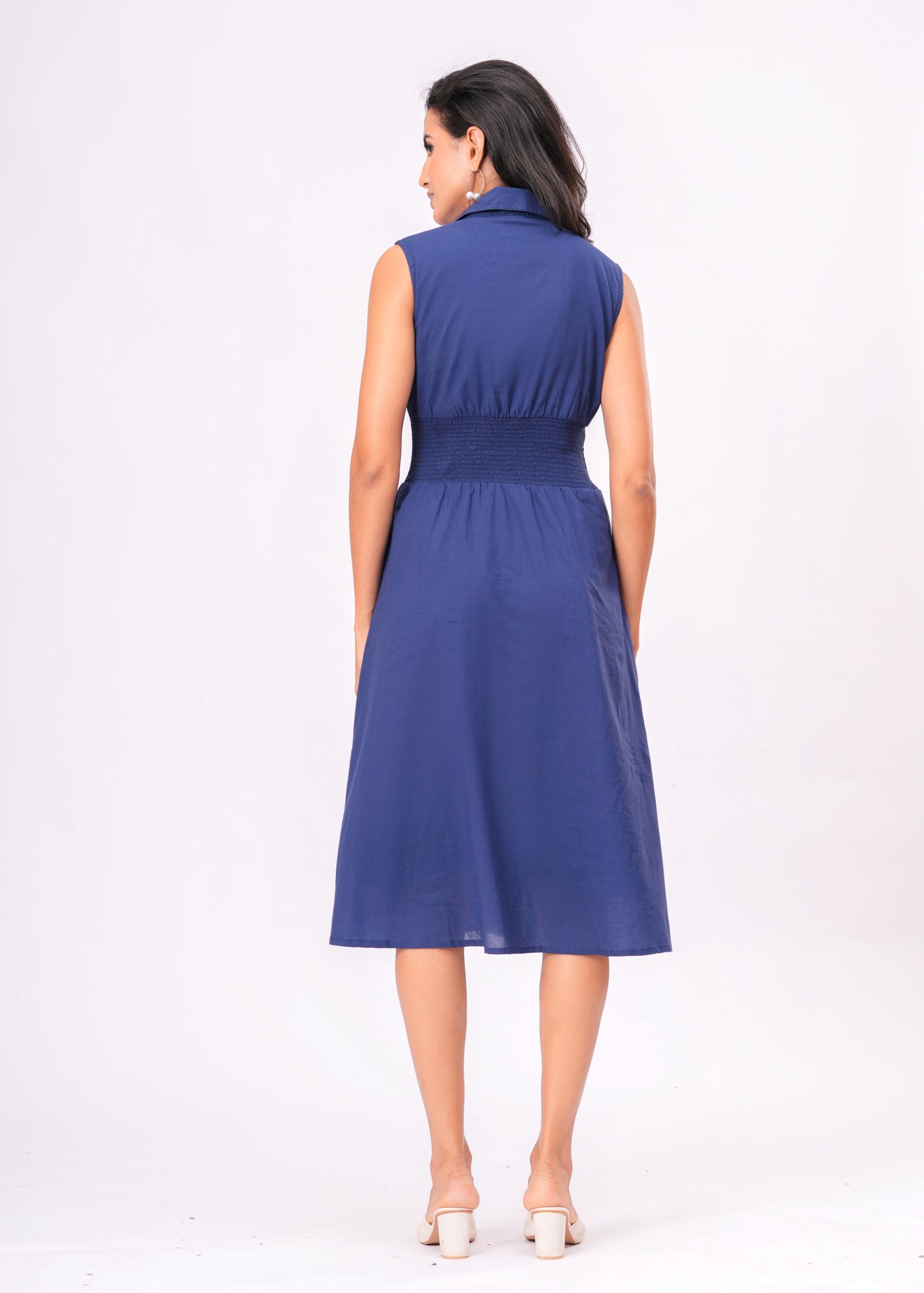 Western Blue Midi Dress | Sleeveless | Button Down | Shirred Waist | A-Line | Summer