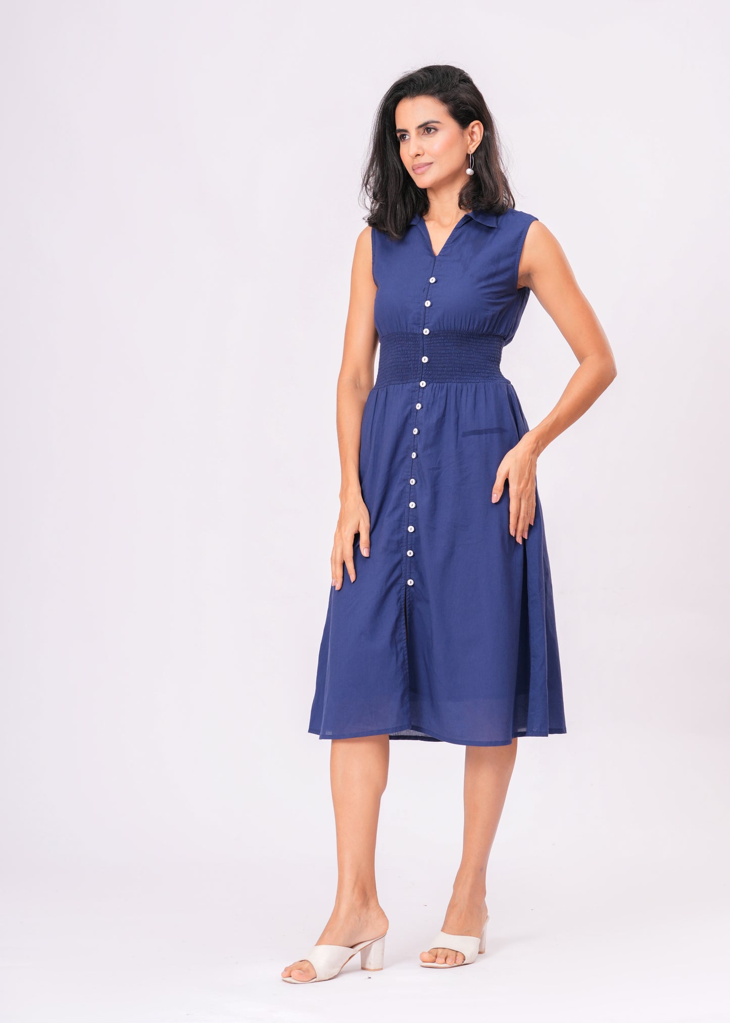Western Blue Midi Dress | Sleeveless | Button Down | Shirred Waist | A-Line | Summer