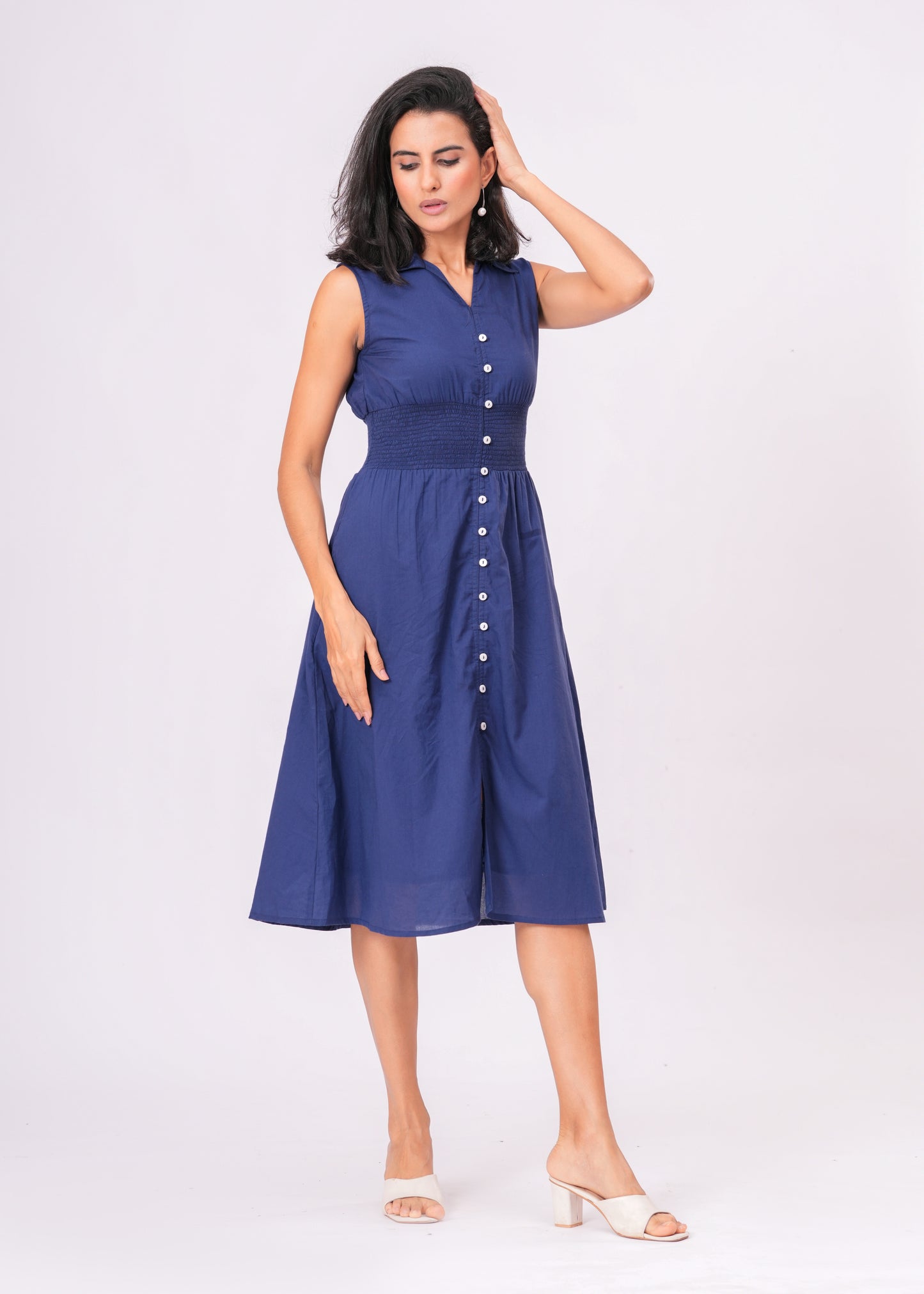 Western Blue Midi Dress | Sleeveless | Button Down | Shirred Waist | A-Line | Summer