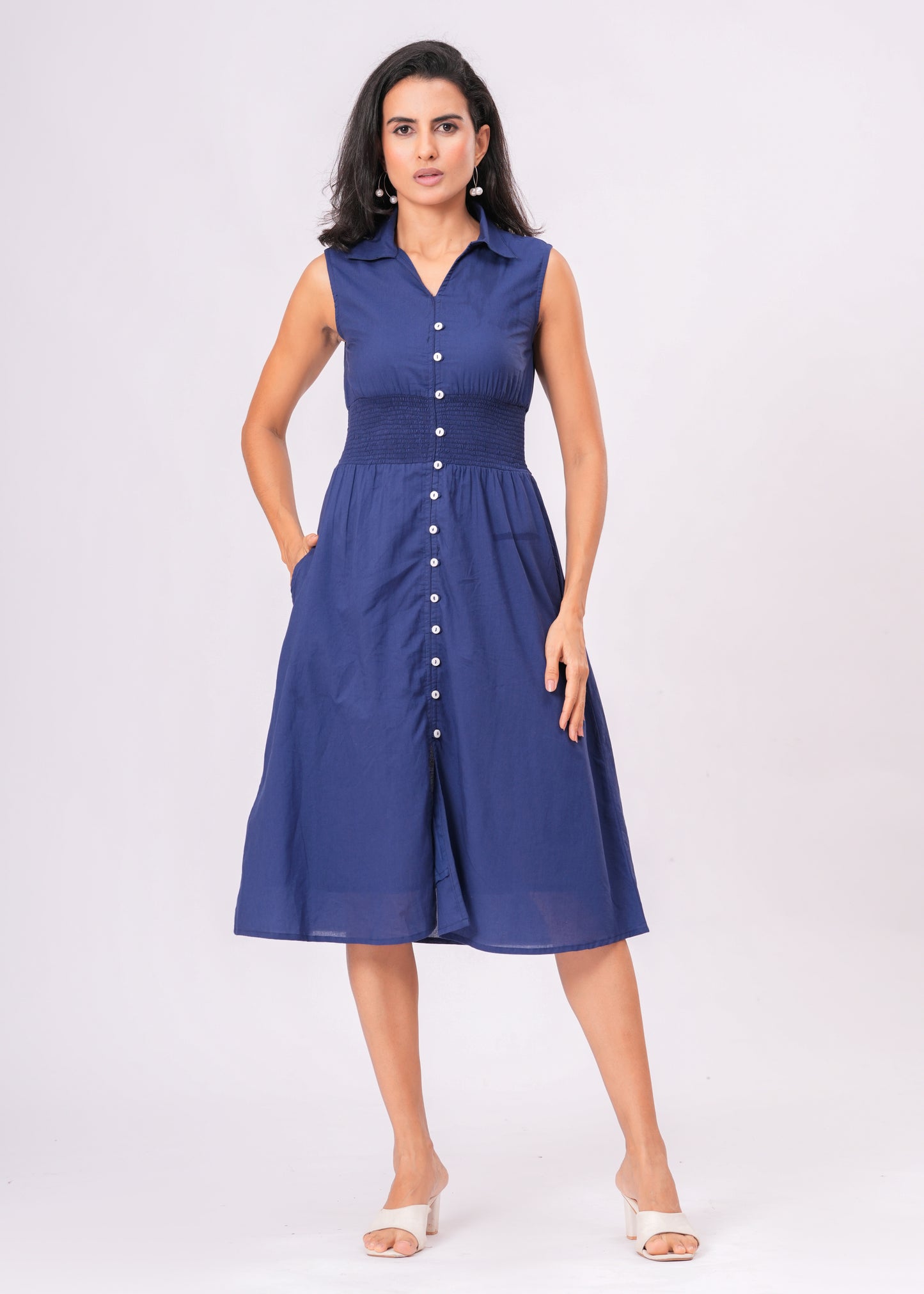 Western Blue Midi Dress | Sleeveless | Button Down | Shirred Waist | A-Line | Summer
