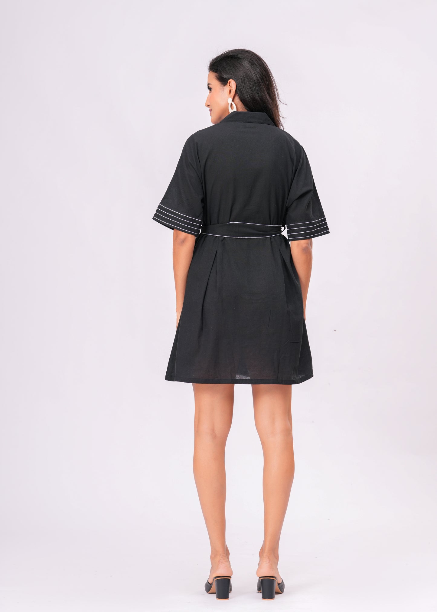 Linen Blend Dress for Women – Short Sleeve Collared Mini Dress with Waist Tie