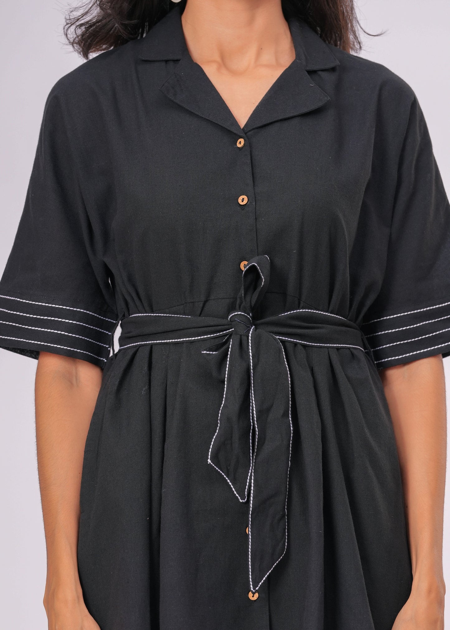 Linen Blend Dress for Women – Short Sleeve Collared Mini Dress with Waist Tie