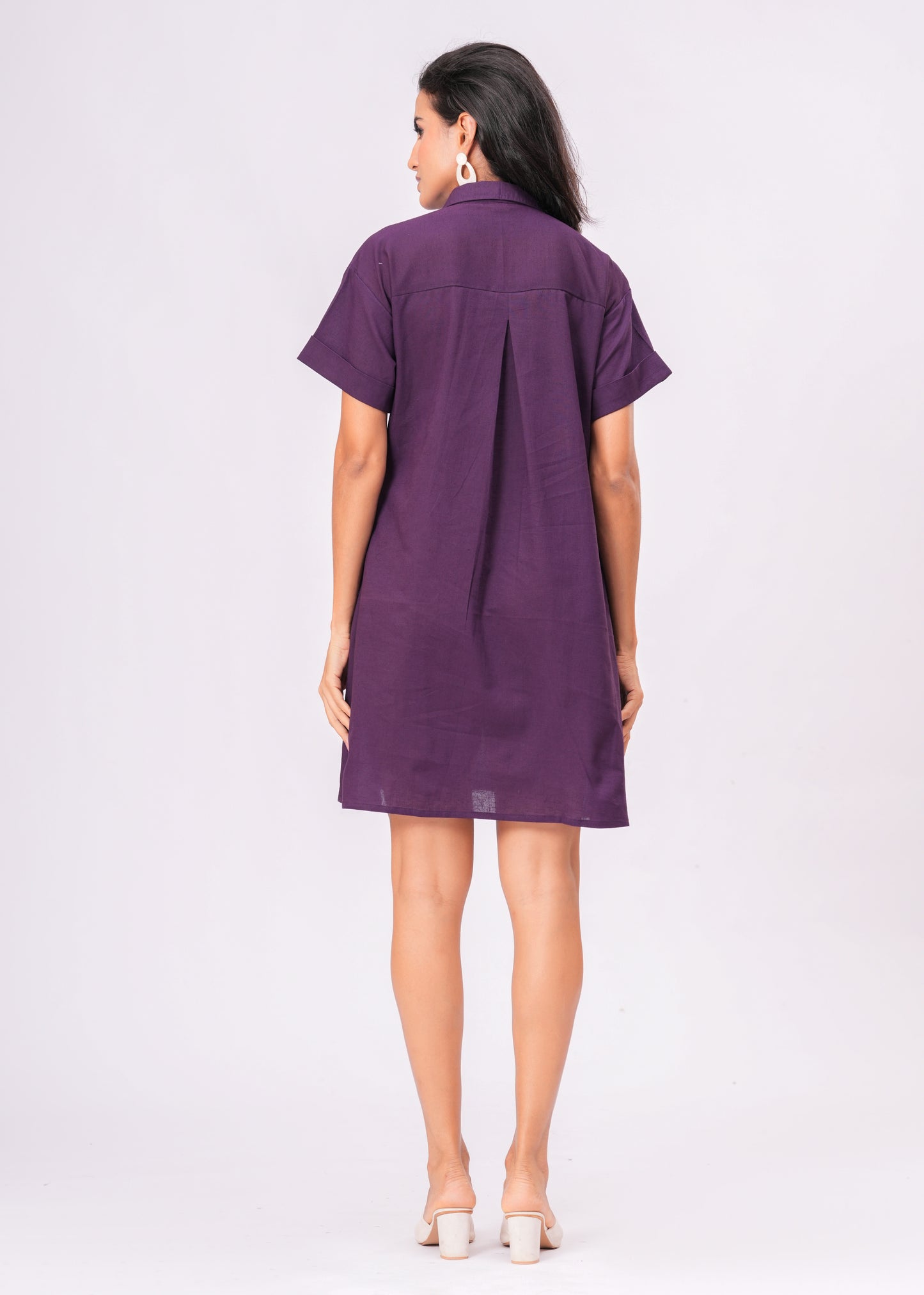 Women's Deep Purple Collared Shirt with Short Sleeves | Pleated Waist Button-Front Tunic Top
