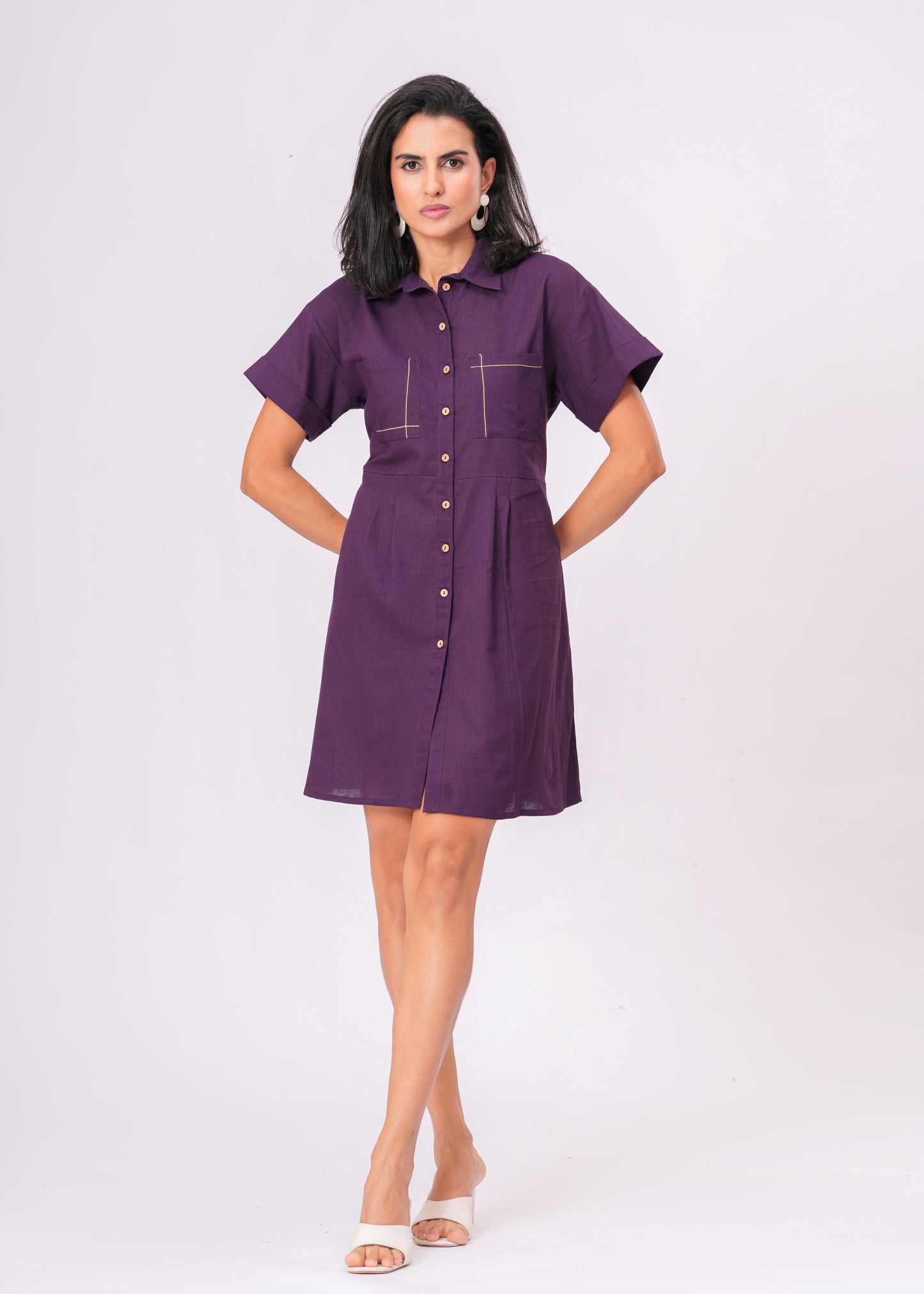 Women's Deep Purple Collared Shirt with Short Sleeves | Pleated Waist Button-Front Tunic Top