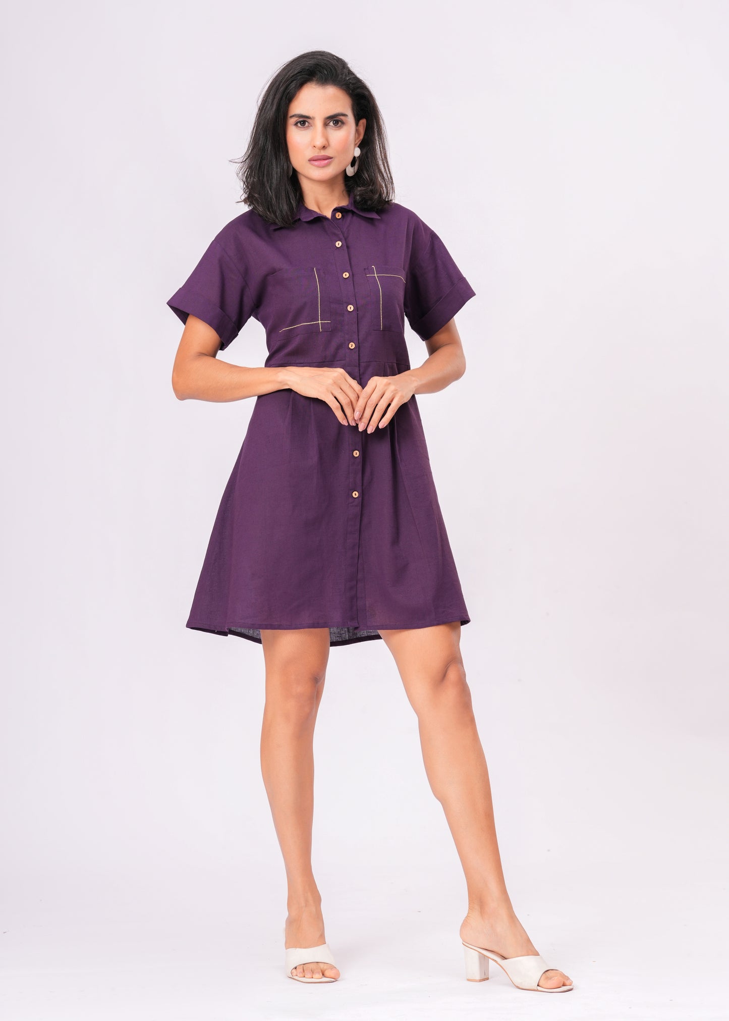 Women's Deep Purple Collared Shirt with Short Sleeves | Pleated Waist Button-Front Tunic Top