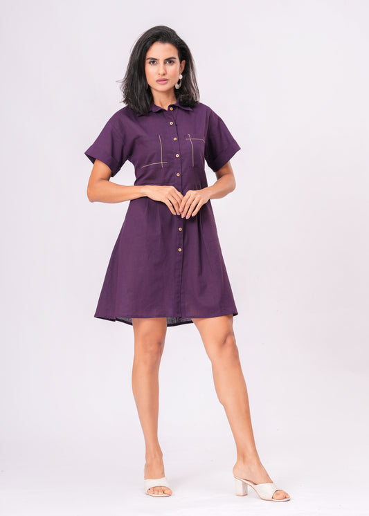 Women's Deep Purple Collared Shirt with Short Sleeves | Pleated Waist Button-Front Tunic Top