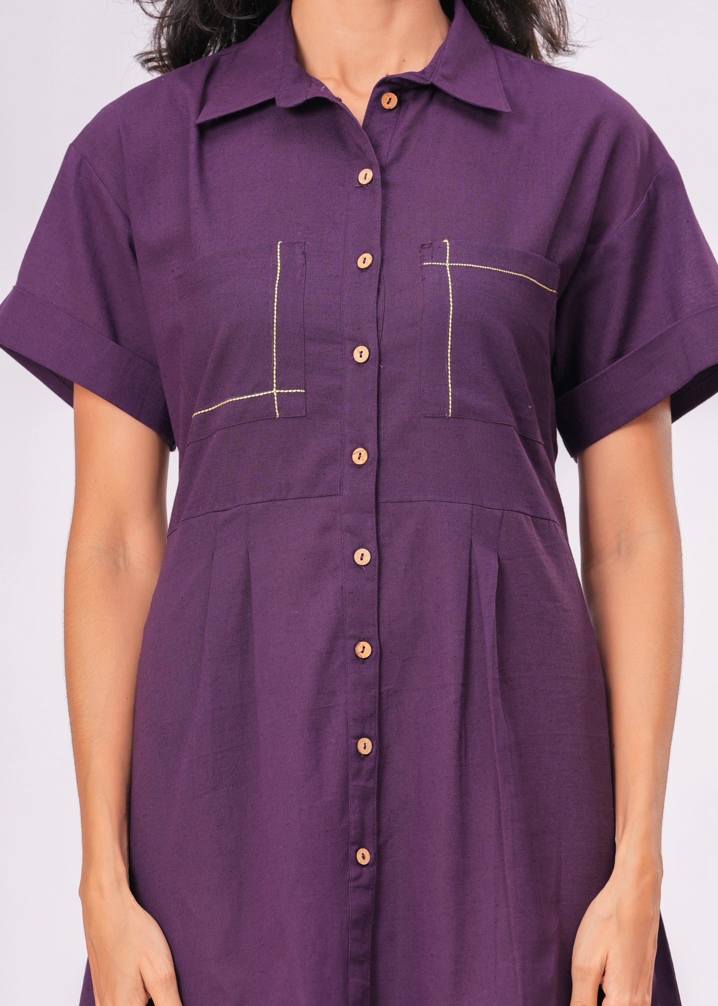 Women's Deep Purple Collared Shirt with Short Sleeves | Pleated Waist Button-Front Tunic Top