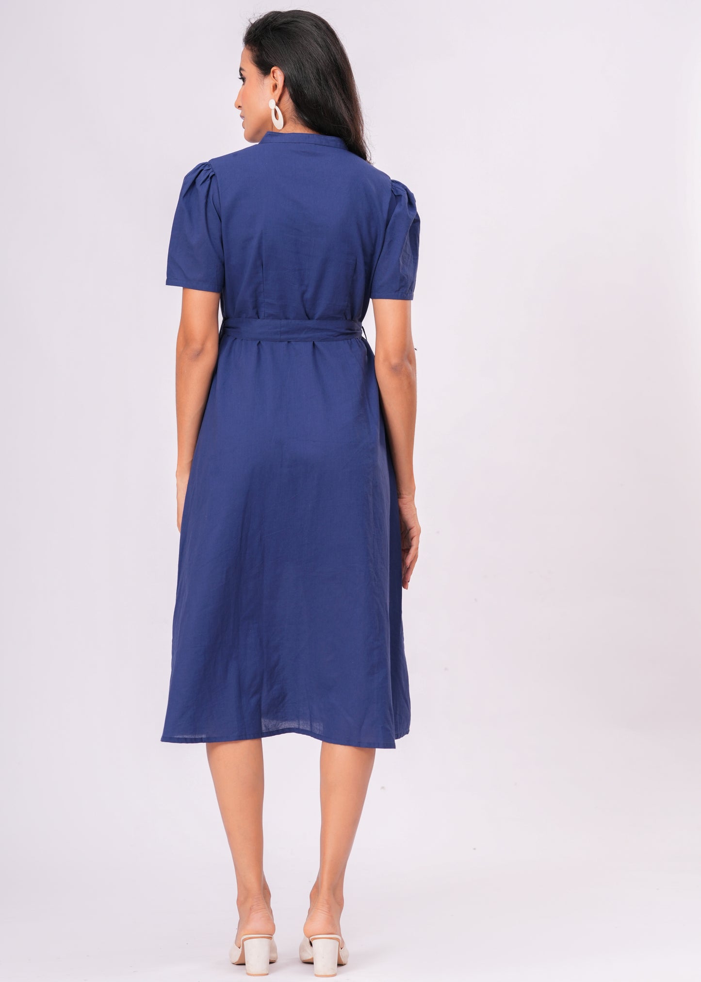 Solid Blue Puff Sleeve Midi Dress | Cotton A-Line Fit with Button Front & Waist Tie