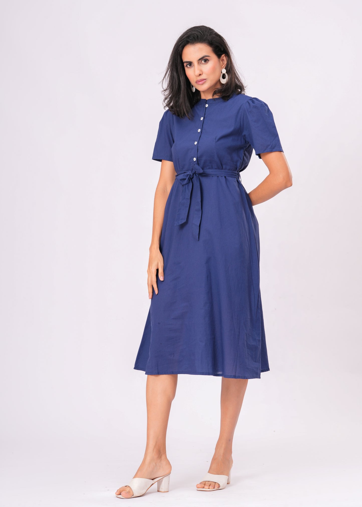 Solid Blue Puff Sleeve Midi Dress | Cotton A-Line Fit with Button Front & Waist Tie