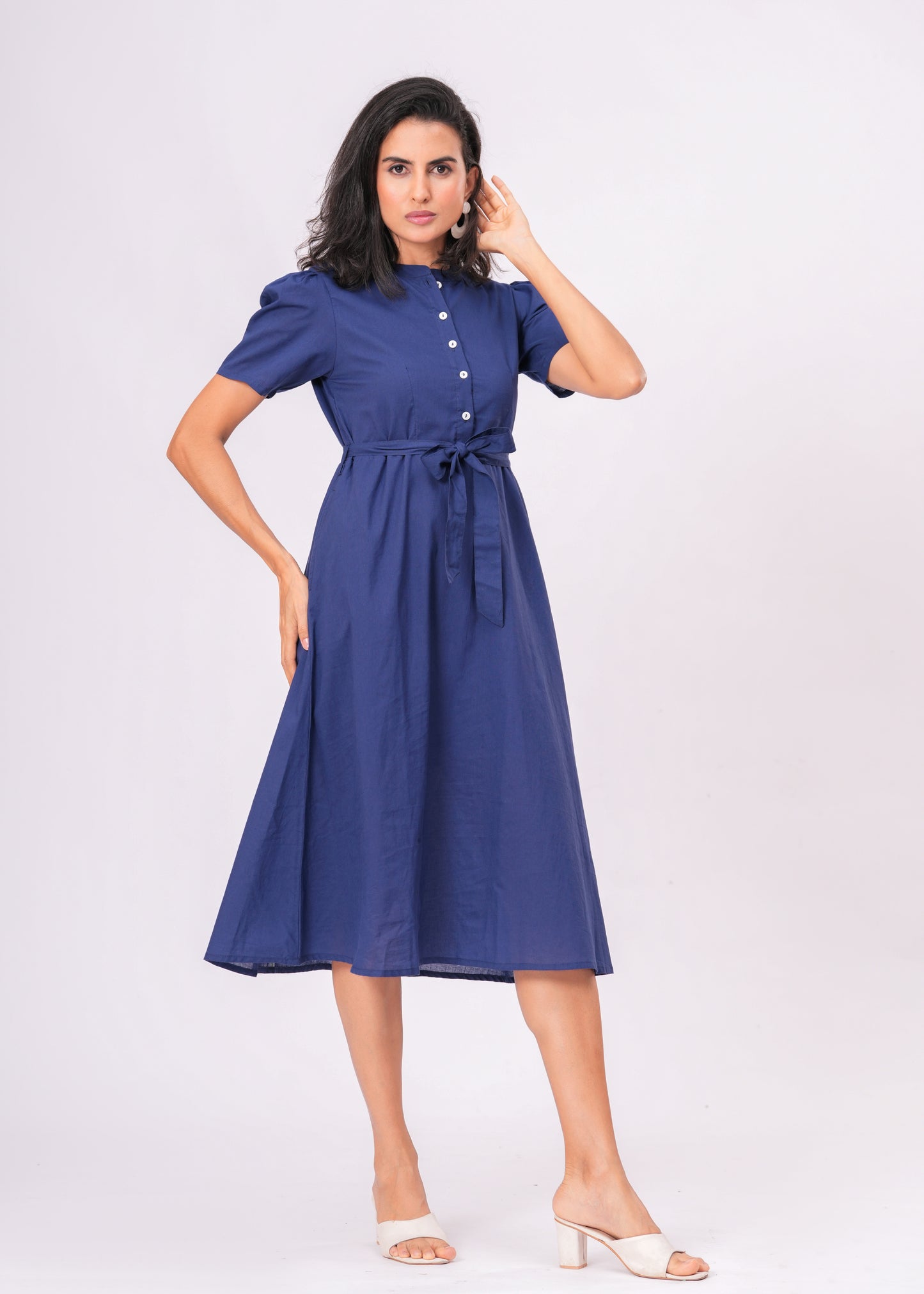 Solid Blue Puff Sleeve Midi Dress | Cotton A-Line Fit with Button Front & Waist Tie