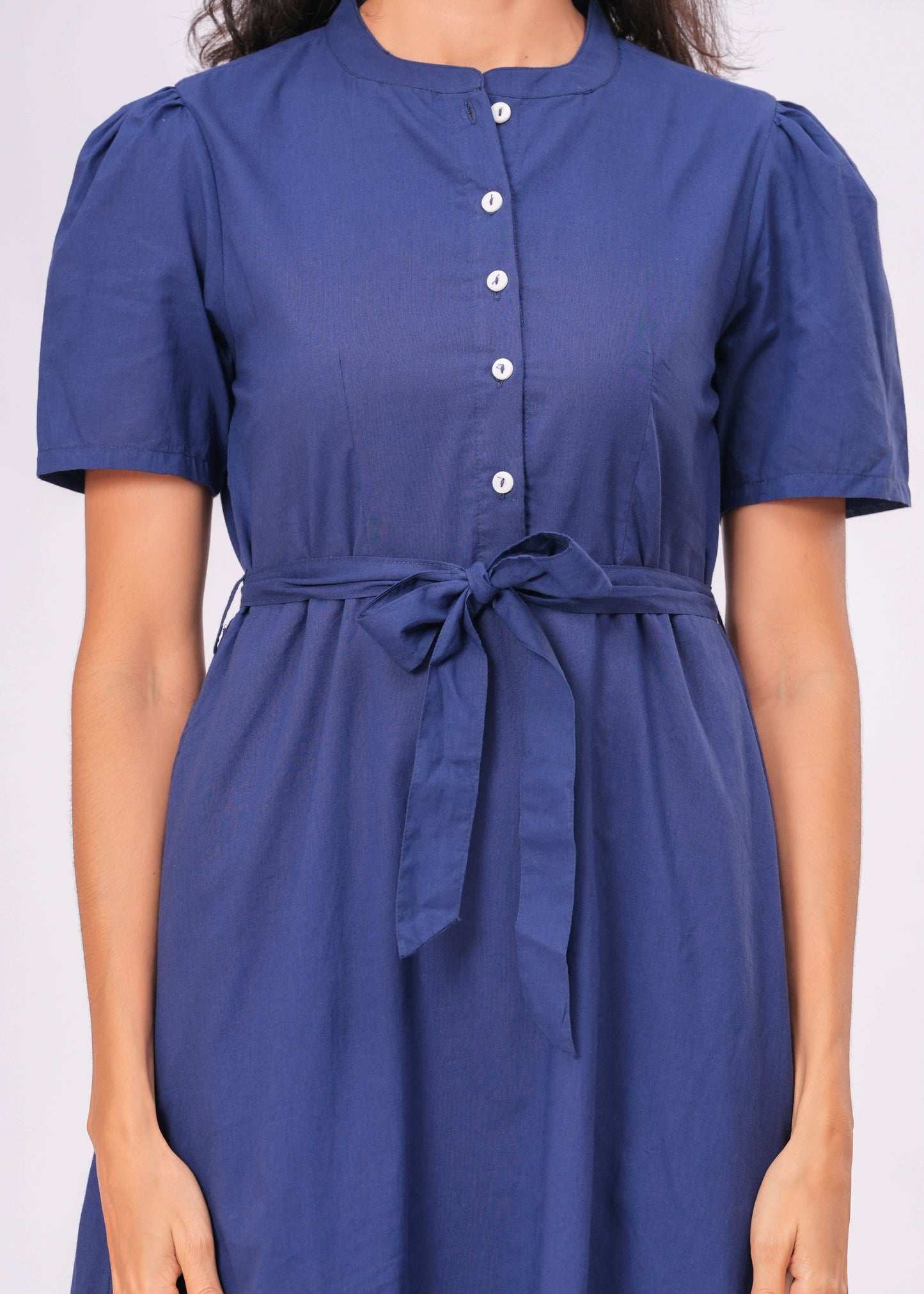 Solid Blue Puff Sleeve Midi Dress | Cotton A-Line Fit with Button Front & Waist Tie