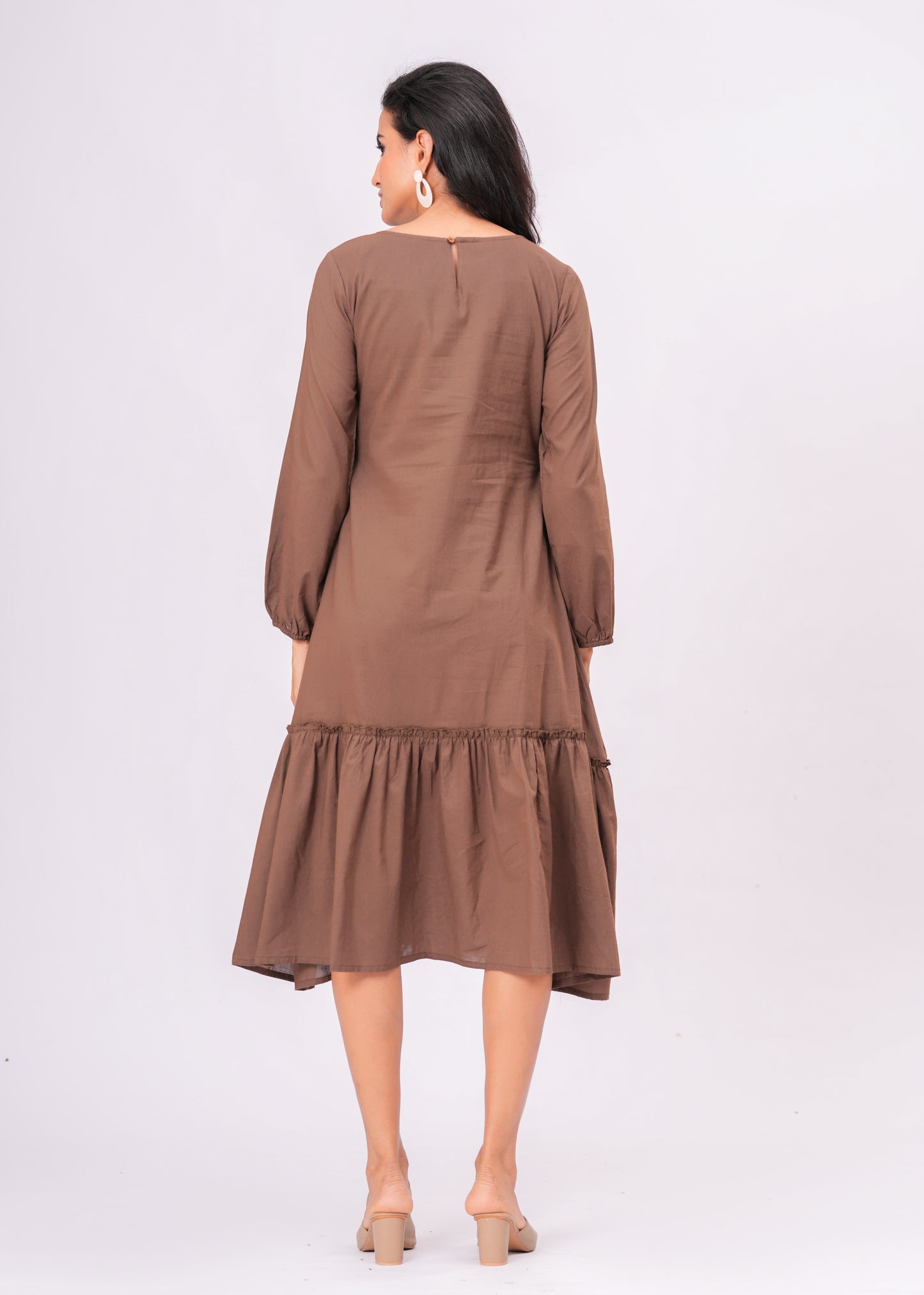Long Sleeve Tiered Midi Dress – Cotton A-Line Casual Wear