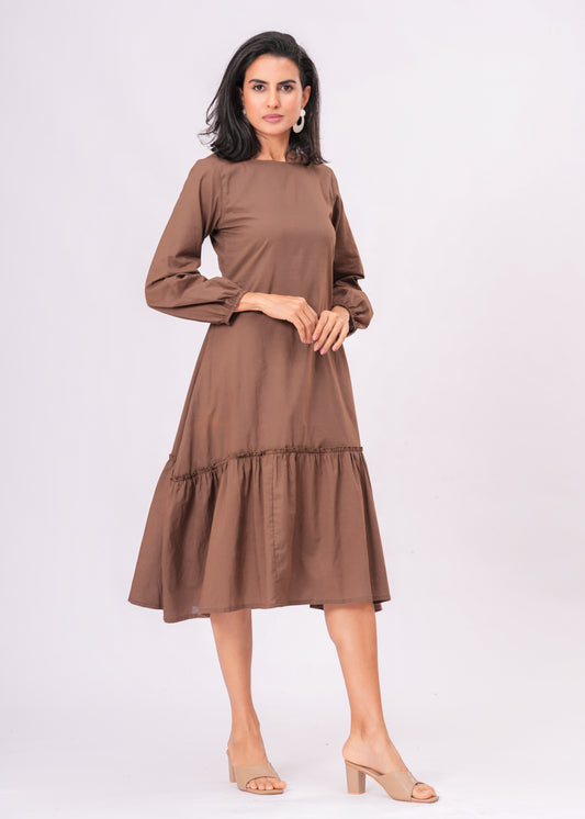 Long Sleeve Tiered Midi Dress – Cotton A-Line Casual Wear