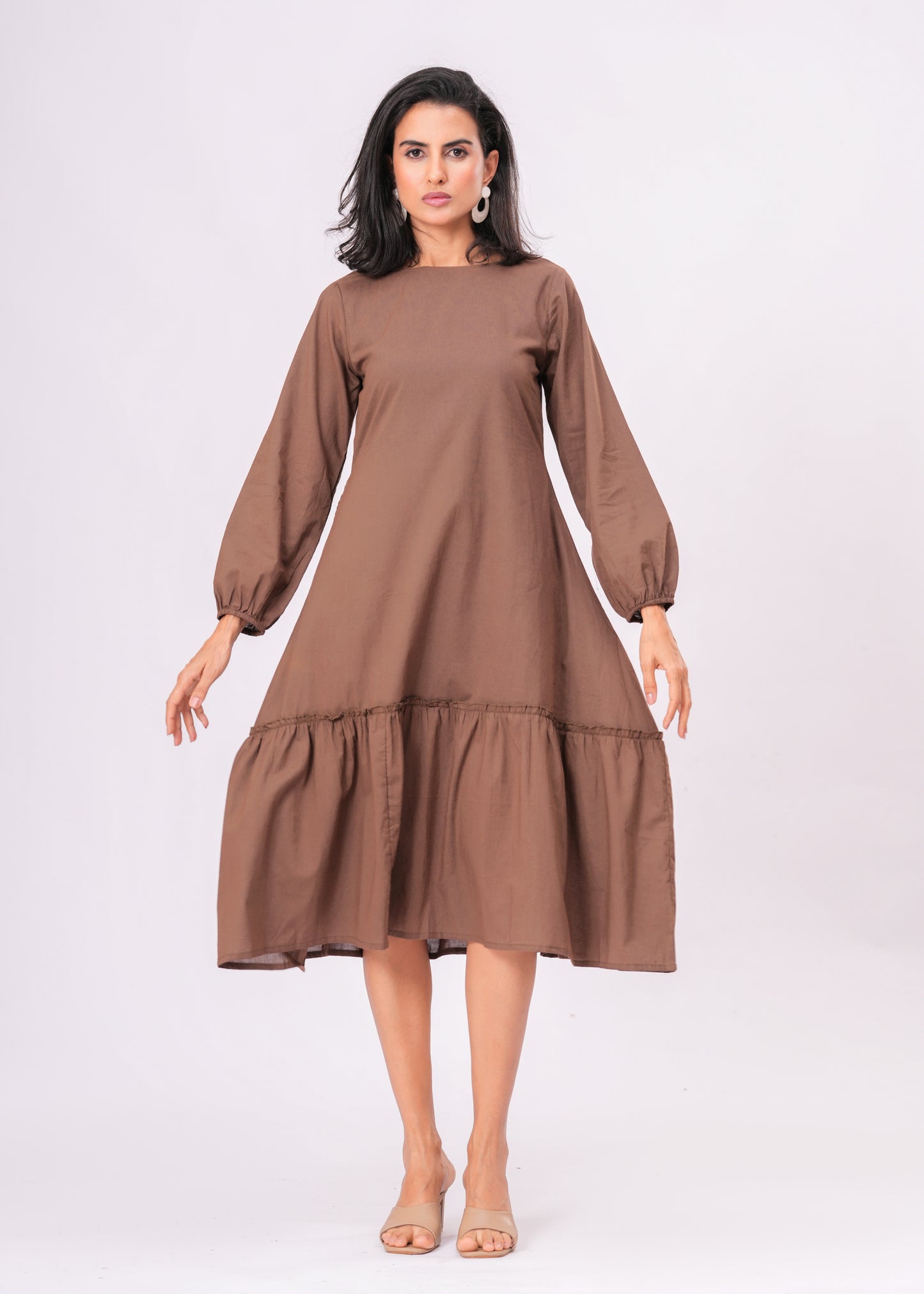 Long Sleeve Tiered Midi Dress – Cotton A-Line Casual Wear