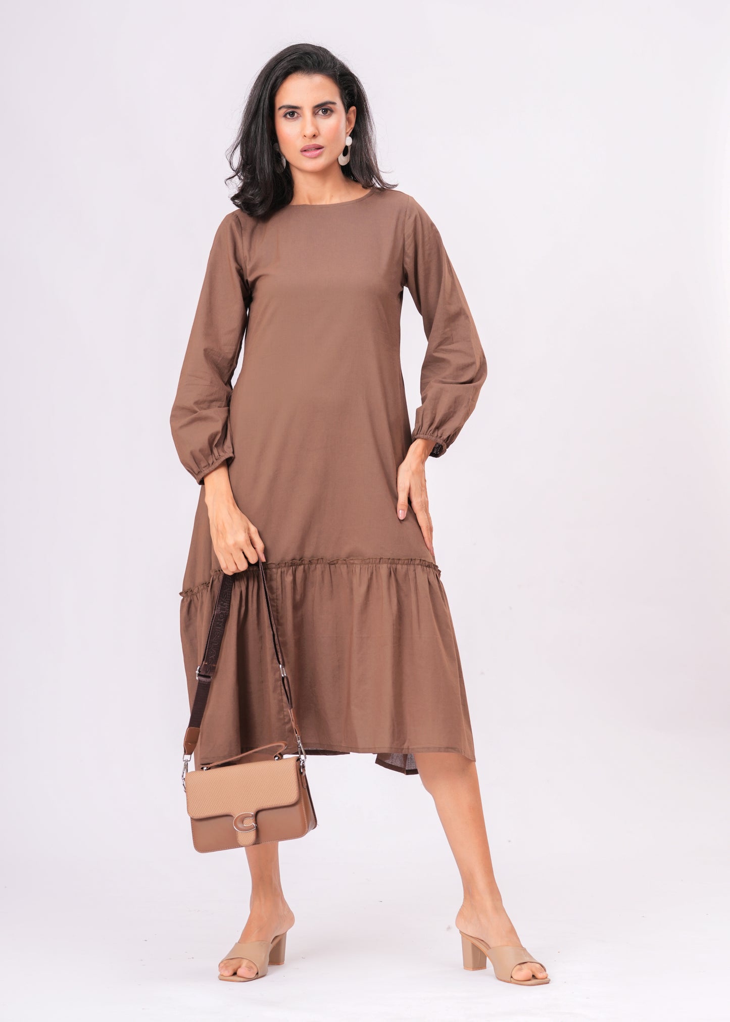 Long Sleeve Tiered Midi Dress – Cotton A-Line Casual Wear