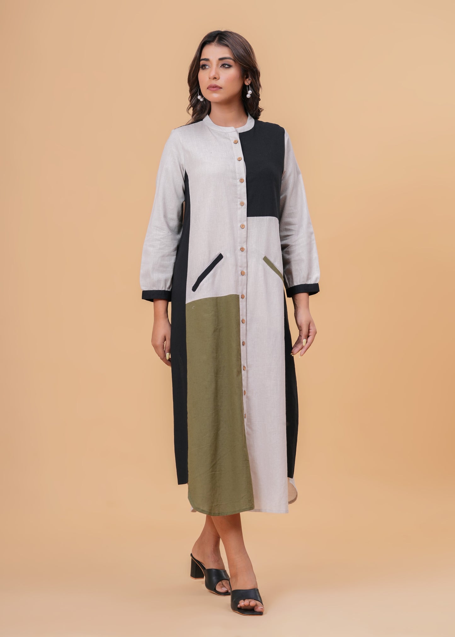 Western Midi Dress | Color Block | Long Tunic | Button-Down | Office Wear | Casual | Dress