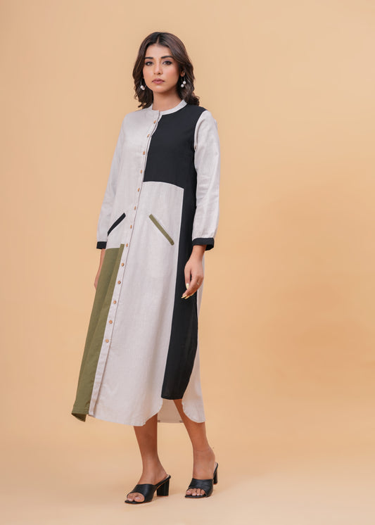 Western Midi Dress | Color Block | Long Tunic | Button-Down | Office Wear | Casual | Dress