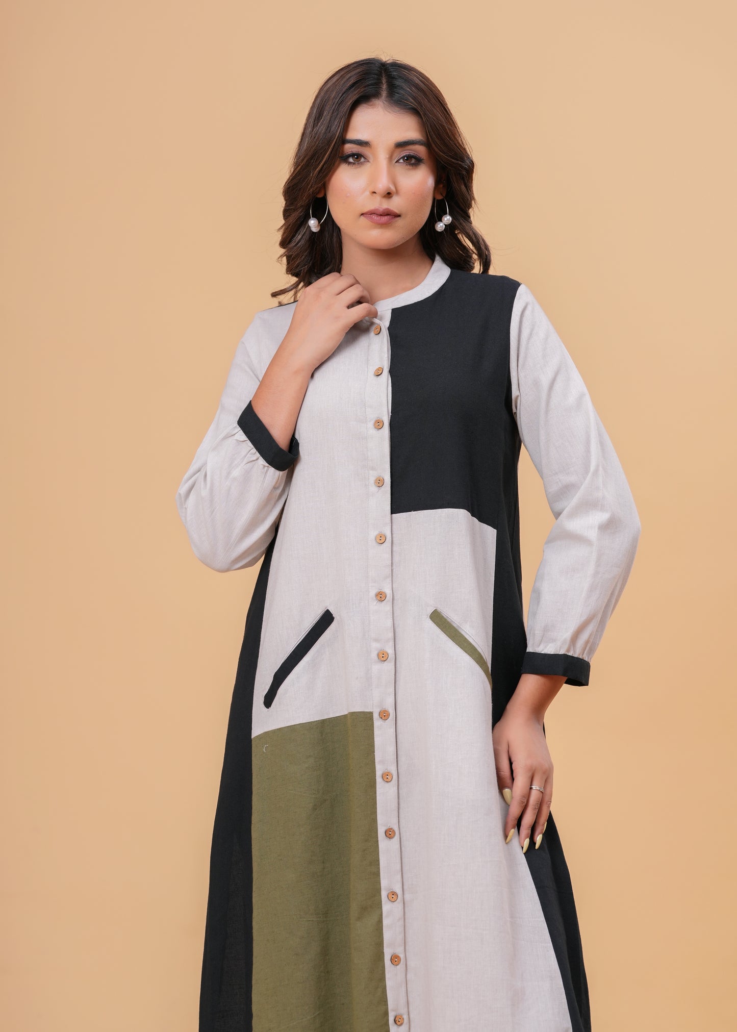 Western Midi Dress | Color Block | Long Tunic | Button-Down | Office Wear | Casual | Dress