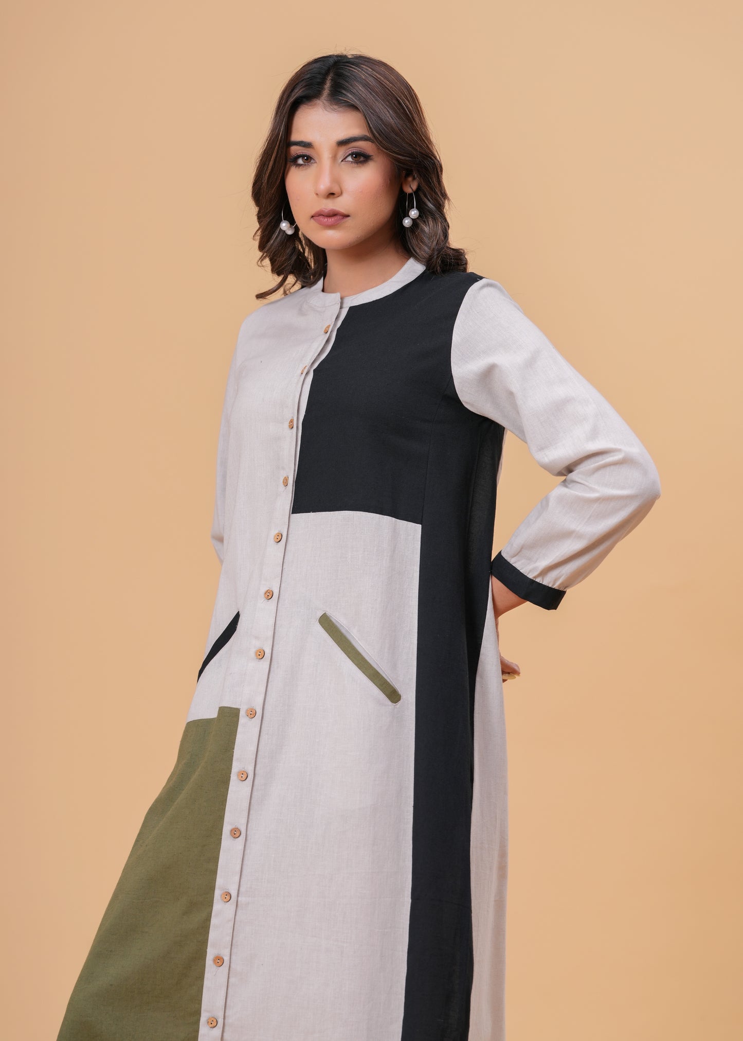 Western Midi Dress | Color Block | Long Tunic | Button-Down | Office Wear | Casual | Dress