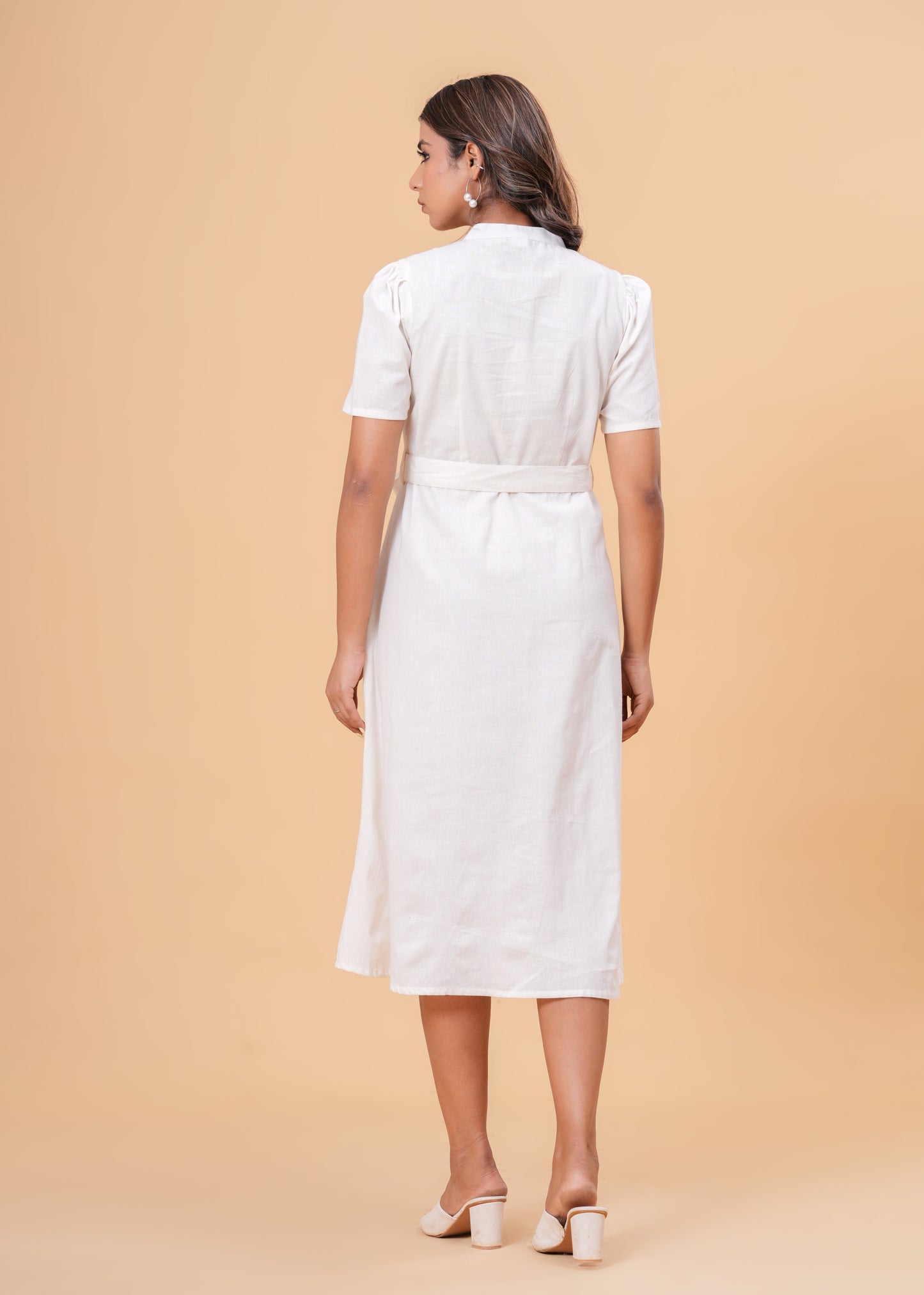 Solid White Puff Sleeve Midi Dress | Cotton A-Line Fit with Button Front & Waist Tie