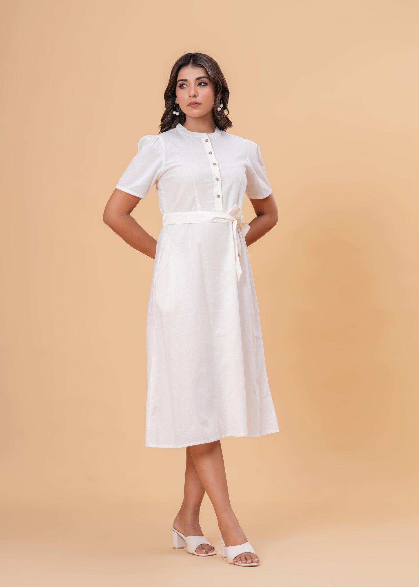 Solid White Puff Sleeve Midi Dress | Cotton A-Line Fit with Button Front & Waist Tie