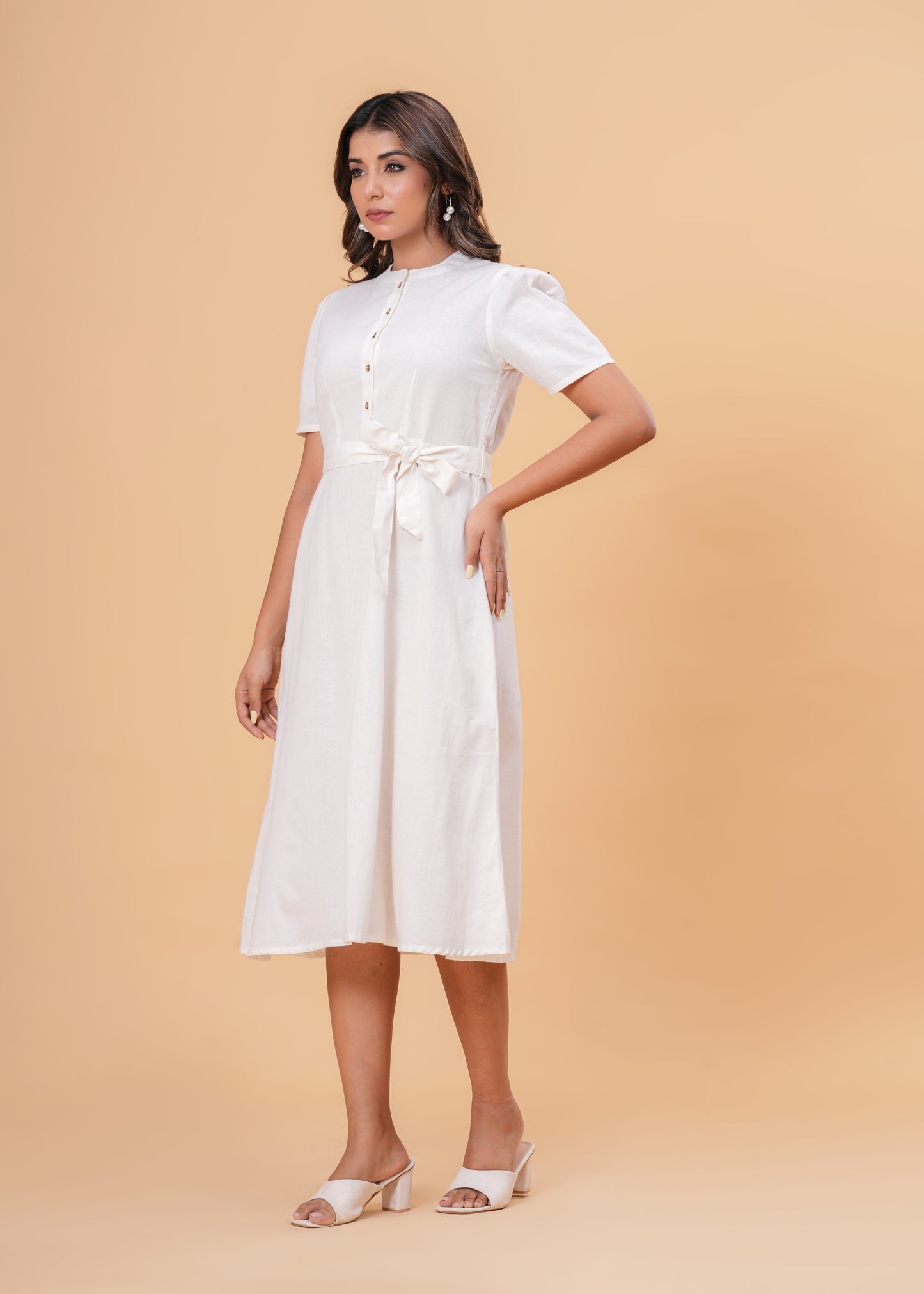 Solid White Puff Sleeve Midi Dress | Cotton A-Line Fit with Button Front & Waist Tie