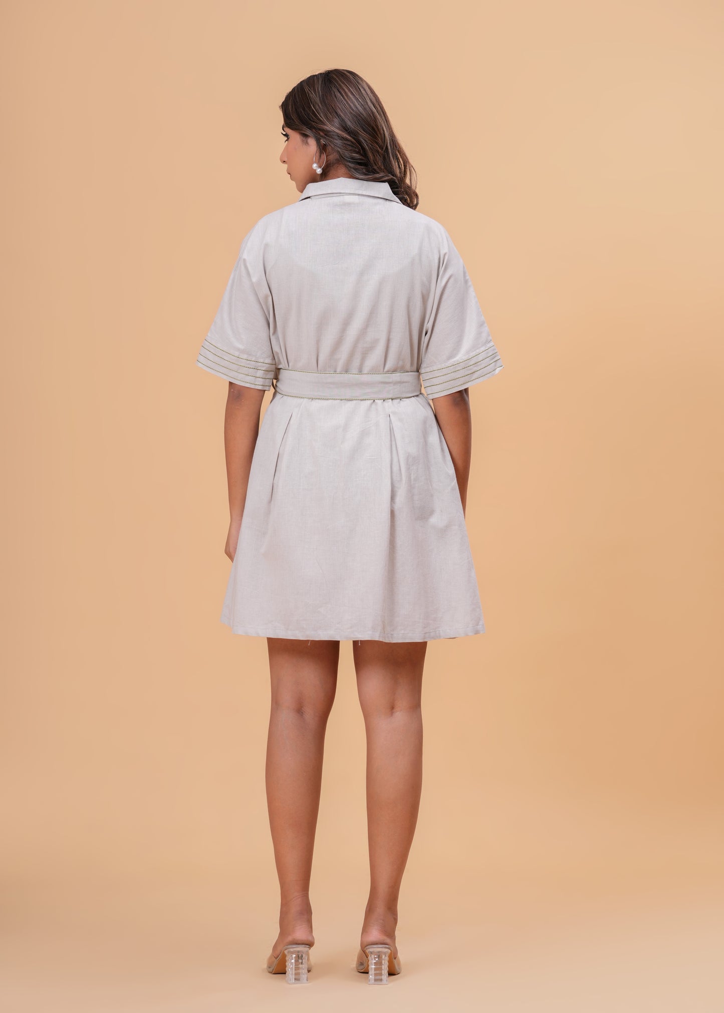 Linen Blend Dress for Women Short Sleeve Collared Mini Dress with Waist Tie