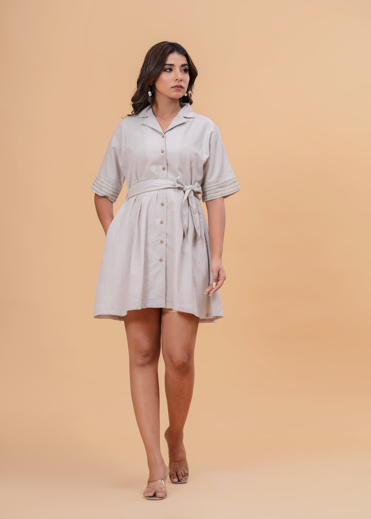 Linen Blend Dress for Women Short Sleeve Collared Mini Dress with Waist Tie