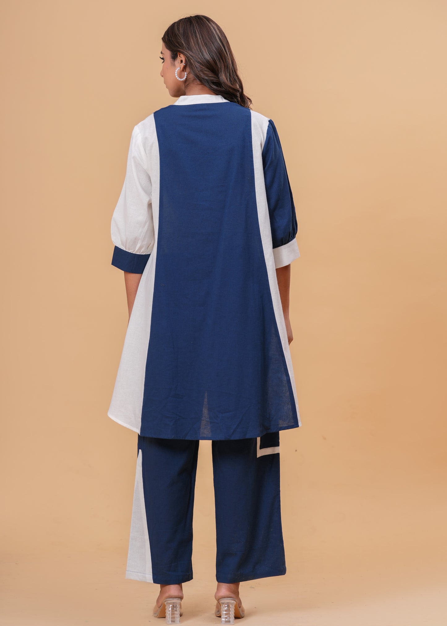 Two-Tone Asymmetric Co-ord Set with Balloon Sleeves & Contrast Detail