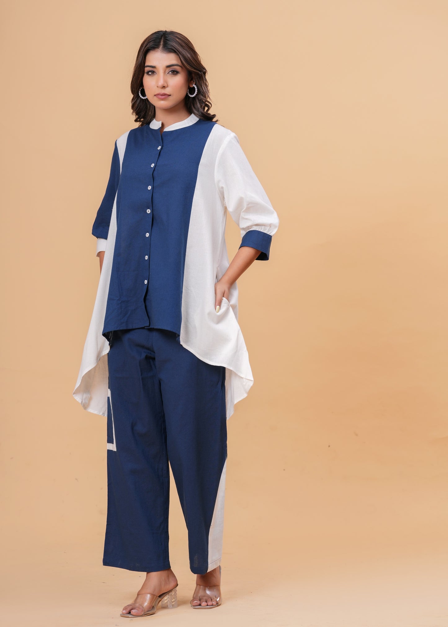 Two-Tone Asymmetric Co-ord Set with Balloon Sleeves & Contrast Detail