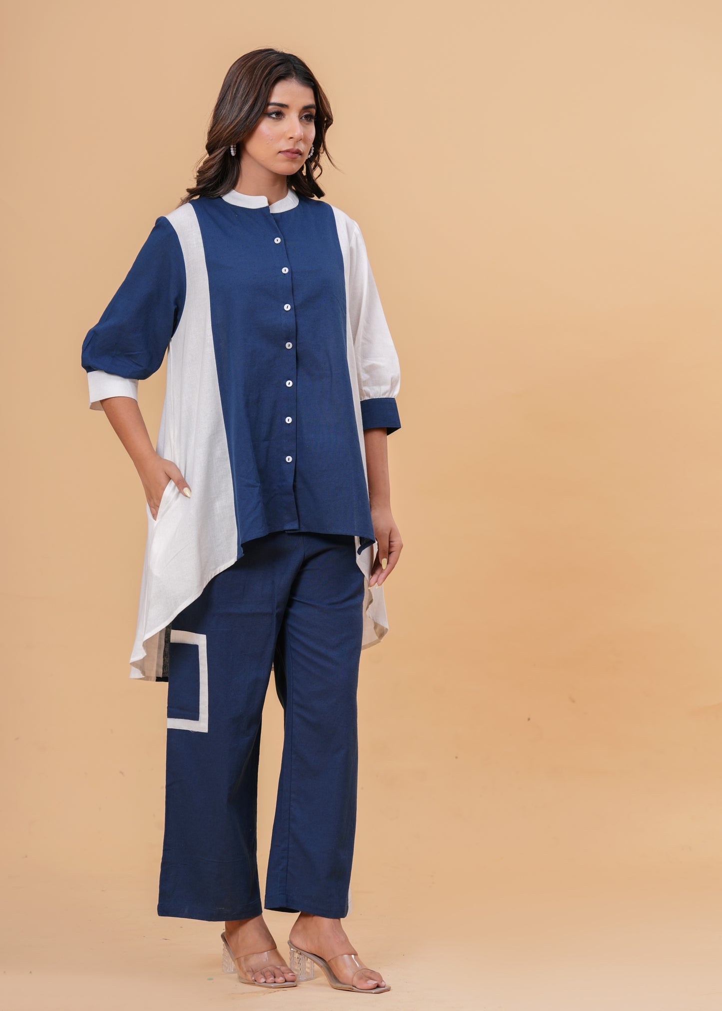 Two-Tone Asymmetric Co-ord Set with Balloon Sleeves & Contrast Detail