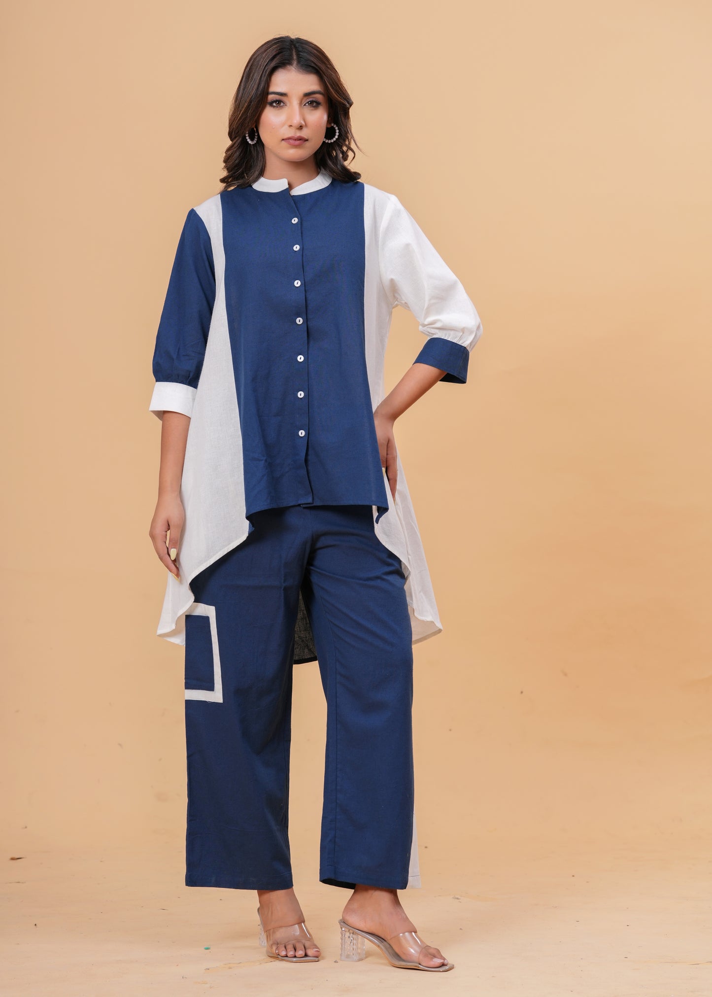 Two-Tone Asymmetric Co-ord Set with Balloon Sleeves & Contrast Detail