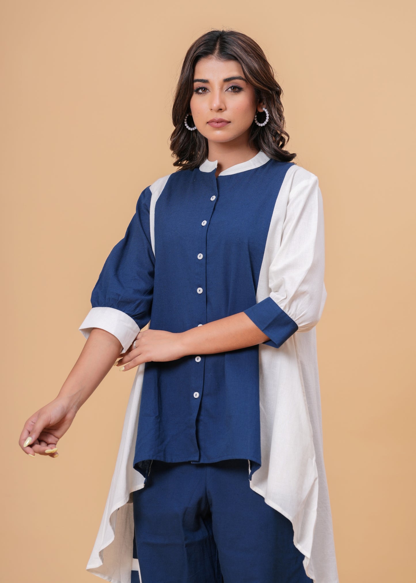 Two-Tone Asymmetric Co-ord Set with Balloon Sleeves & Contrast Detail