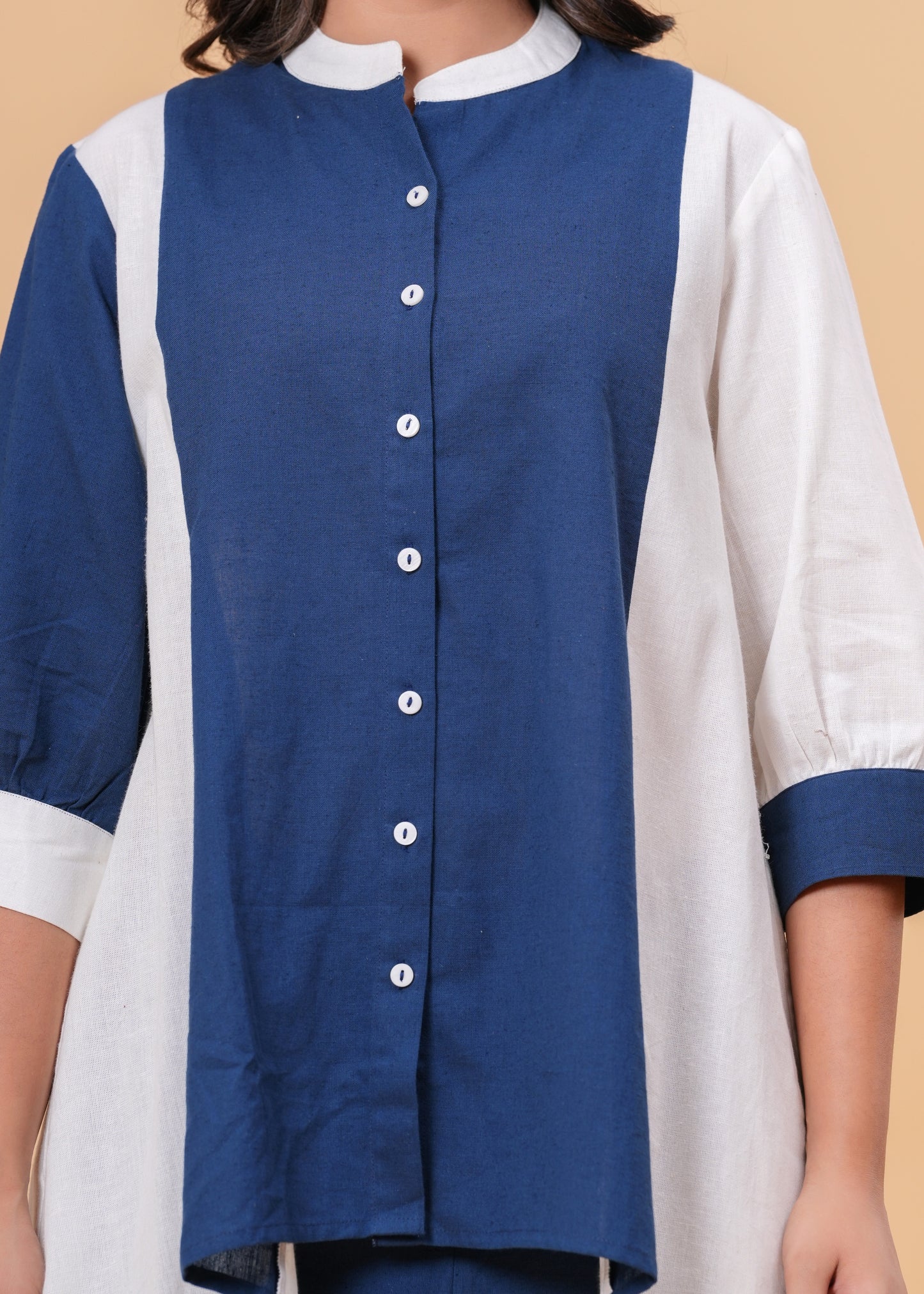 Two-Tone Asymmetric Co-ord Set with Balloon Sleeves & Contrast Detail