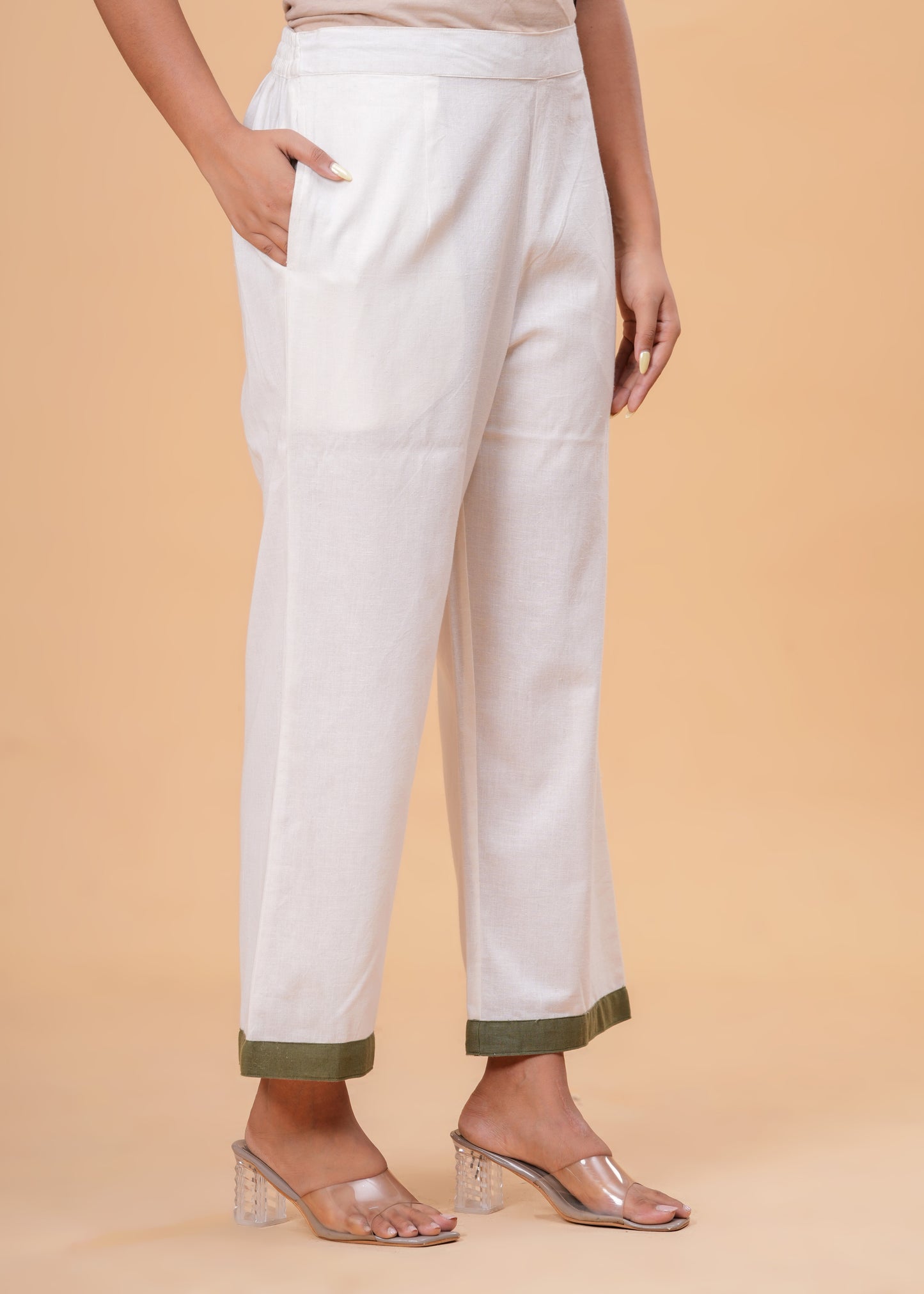 White & Olive Green Colorblock Co-Ord Set – Cotton Western Two-Piece Outfit